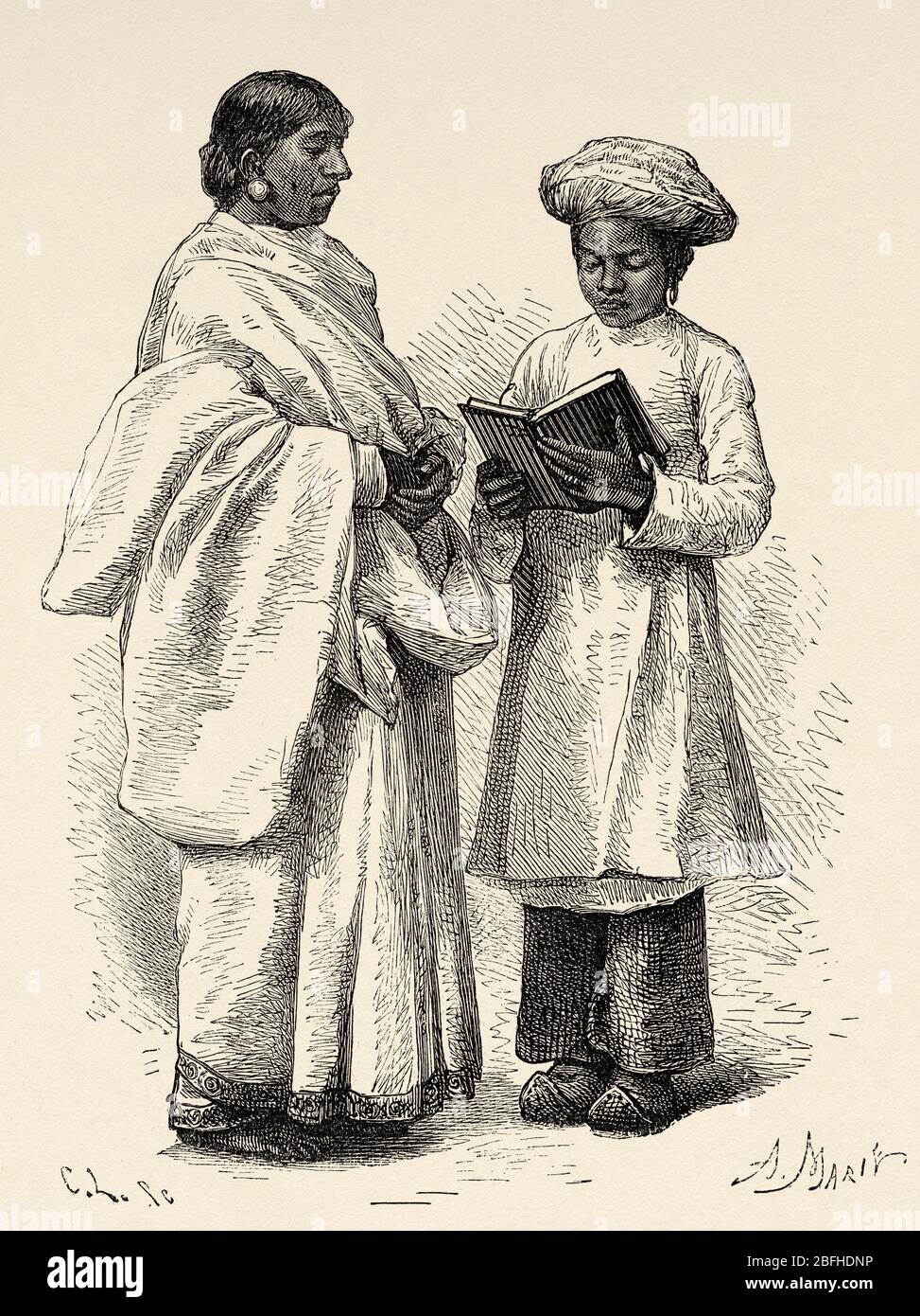 Portrait of Calcutta servants, India. Old engraving illustration Prince of Wales Albert Edward tour of India. El Mundo en la Mano 1878 Stock Photo