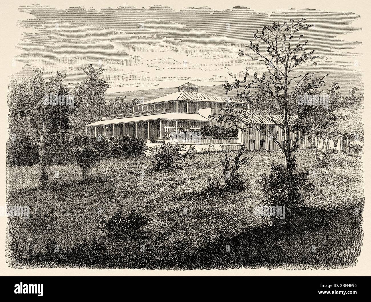 Governor residence in Noumea, New Caledonia. Old engraving illustration ...
