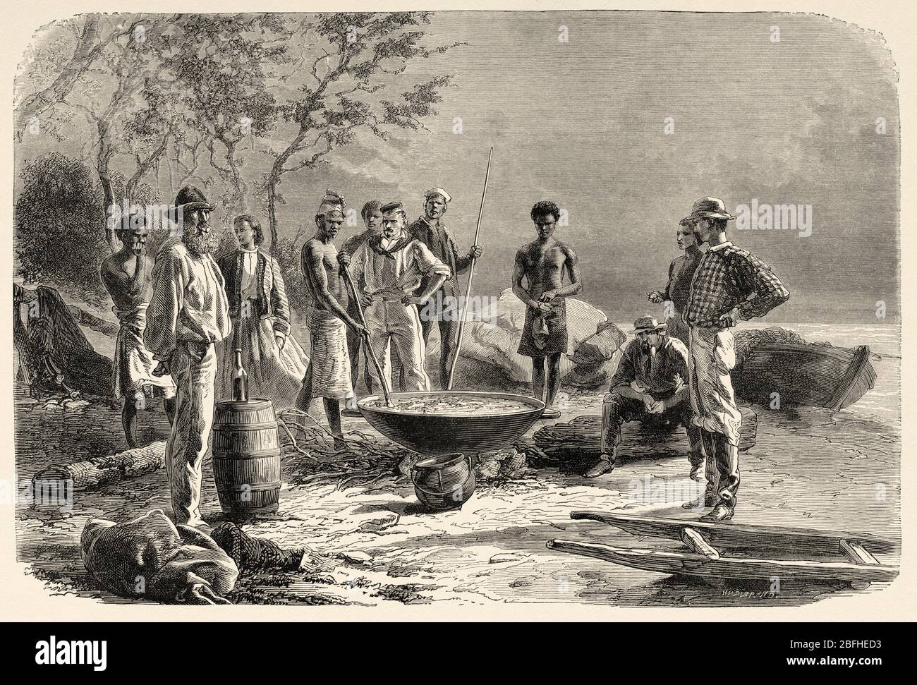 Preparation of a traditional dish, trepang cooking, sea cucumber course, New Caledonia. Old engraving illustration, Journey to New Caledonia by Jules Stock Photo