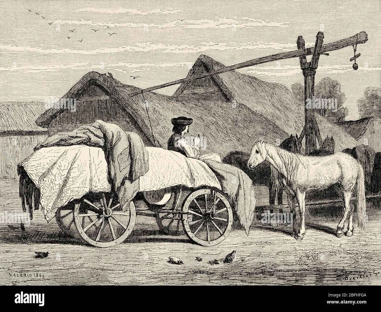 Cart and animals on a farm, great Hungarian plain, Hungary. Europe, Old engraving illustration Trip land of southern Slavs by M. Perrot Stock Photo