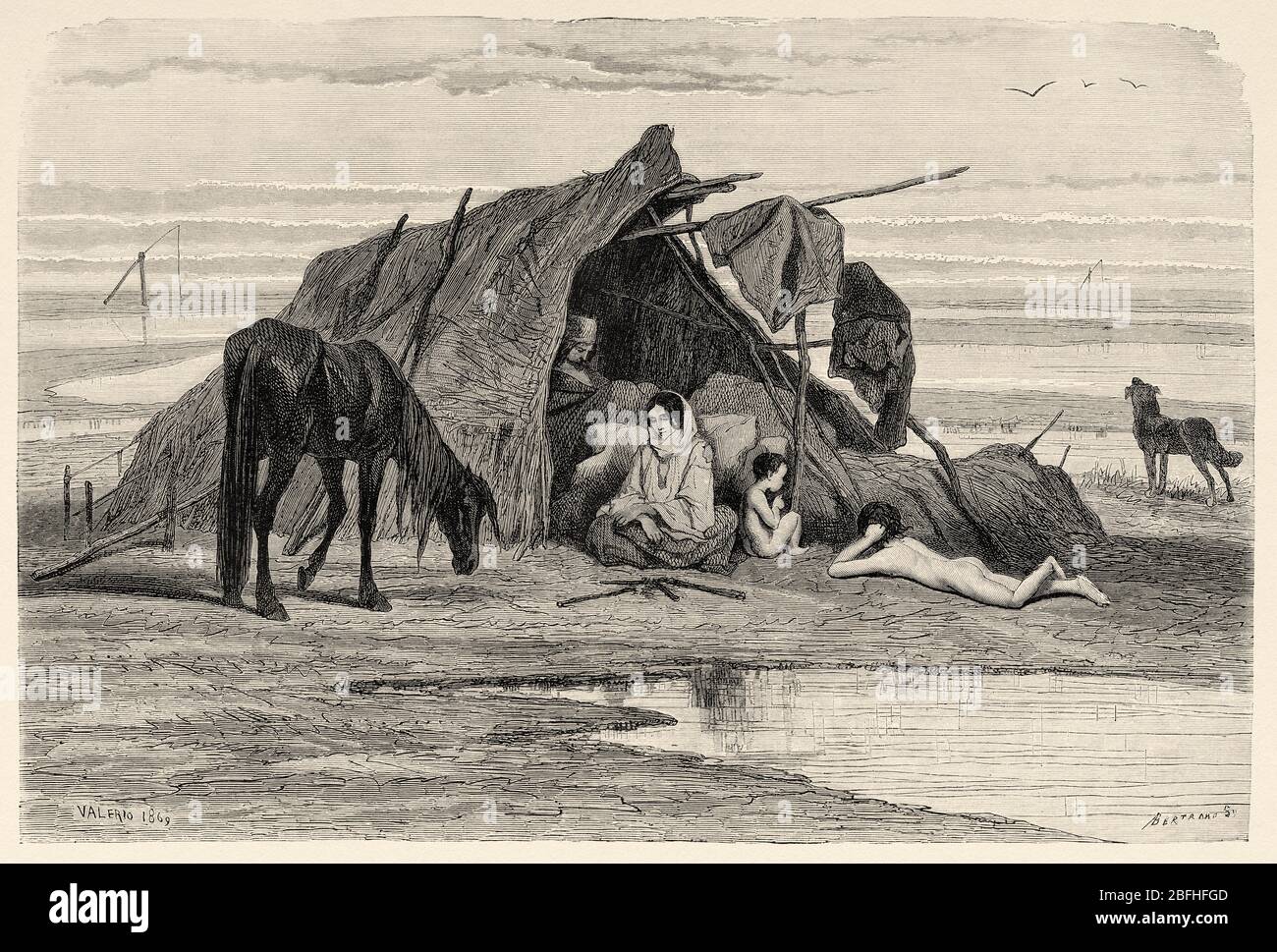 Nomadic gypsy camp, great Hungarian plain, Hungary. Europe, Old engraving illustration Trip land of southern Slavs by M. Perrot Stock Photo