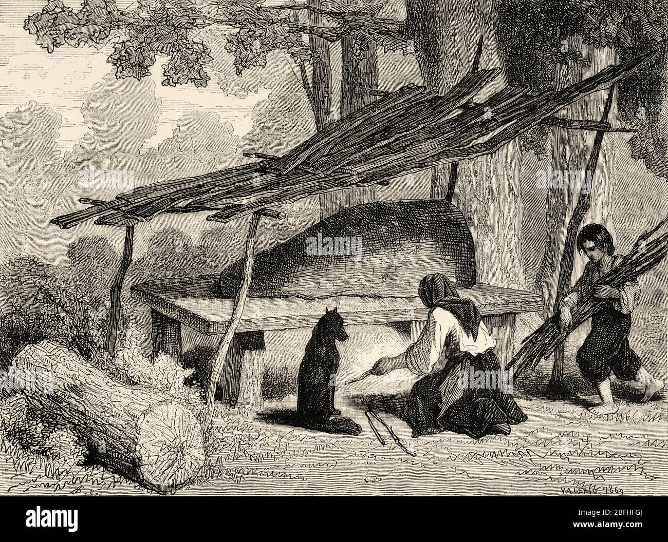 Gypsies preparing food in an oven in the forest, great Hungarian plain, Hungary. Europe, Old engraving illustration Trip land of southern Slavs by M. Stock Photo
