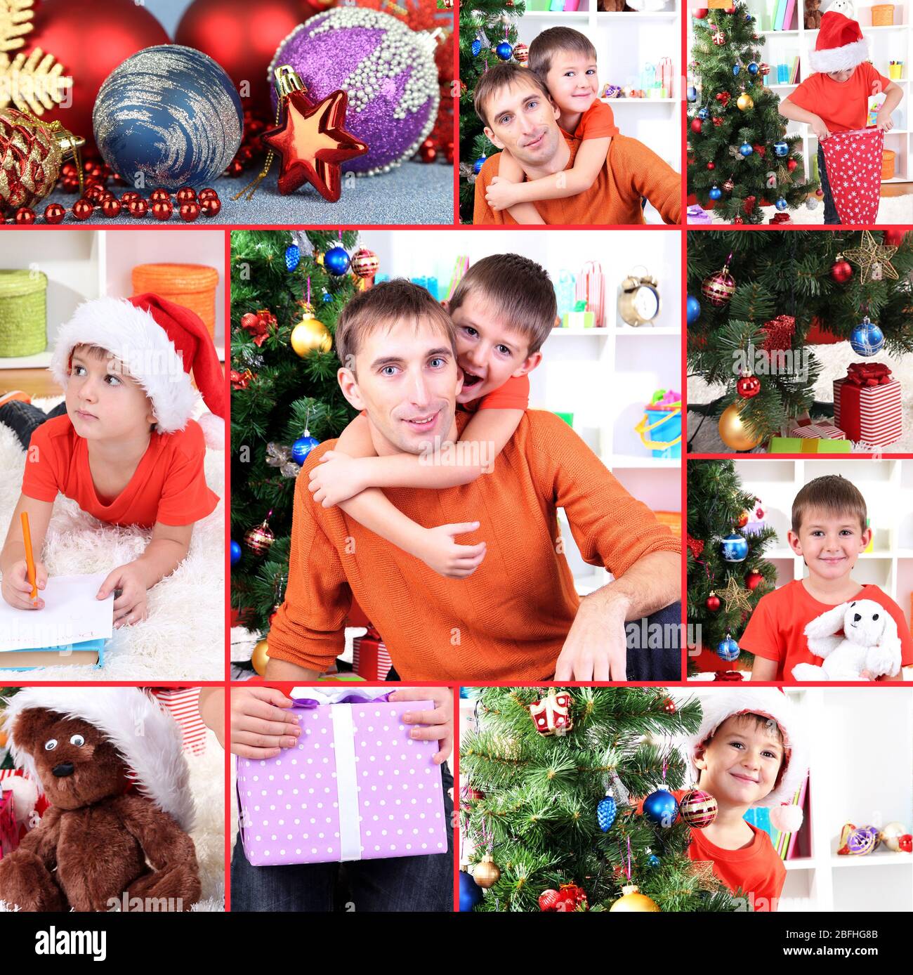 Collage of happy family celebrating New Year at home Stock Photo