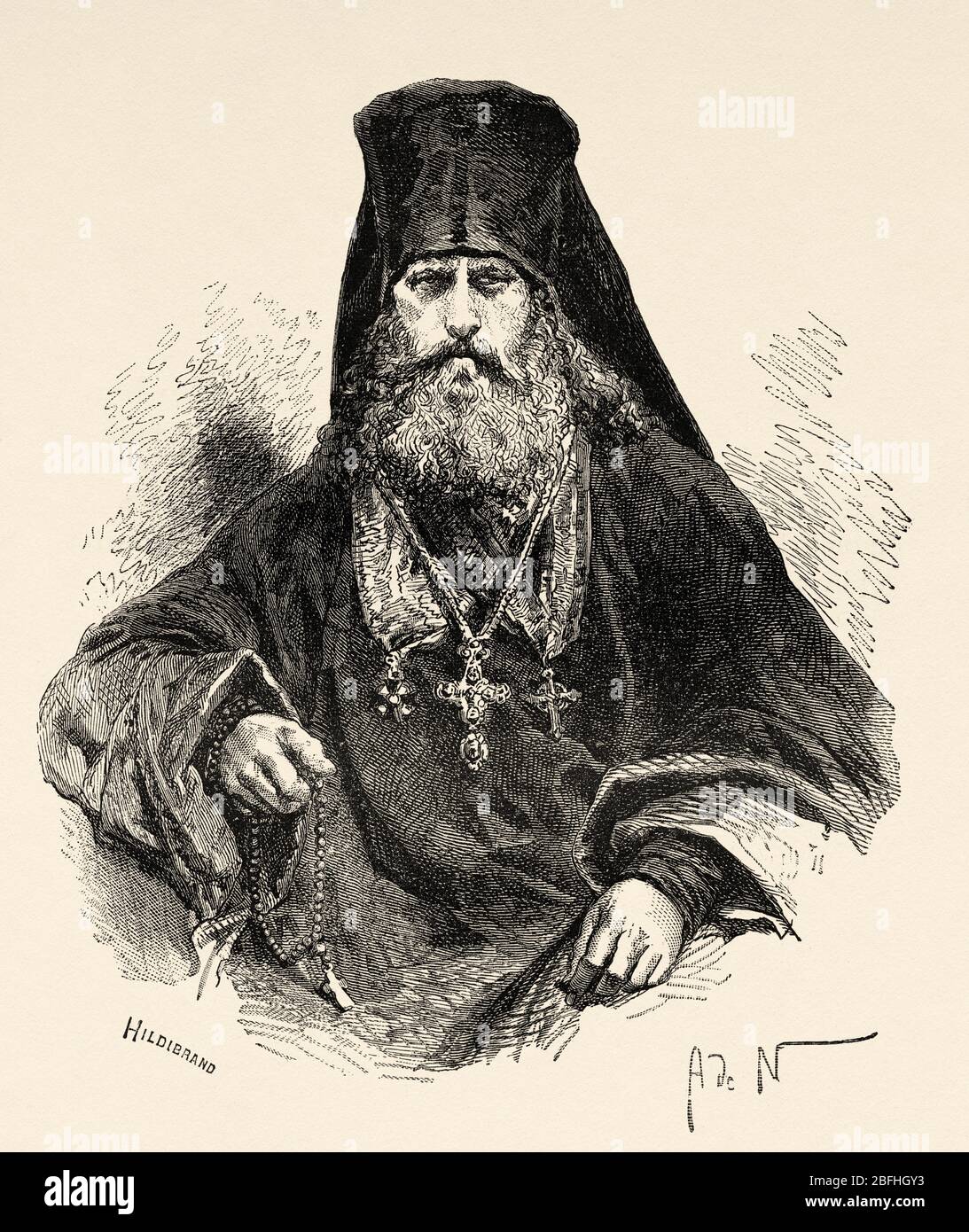 Feofan, Archimandrite of the Russian Orthodox Solovetsky Monastery. Solovetsky Island Group, White Sea, Russia. Old engraving illustration, Travel to Stock Photo