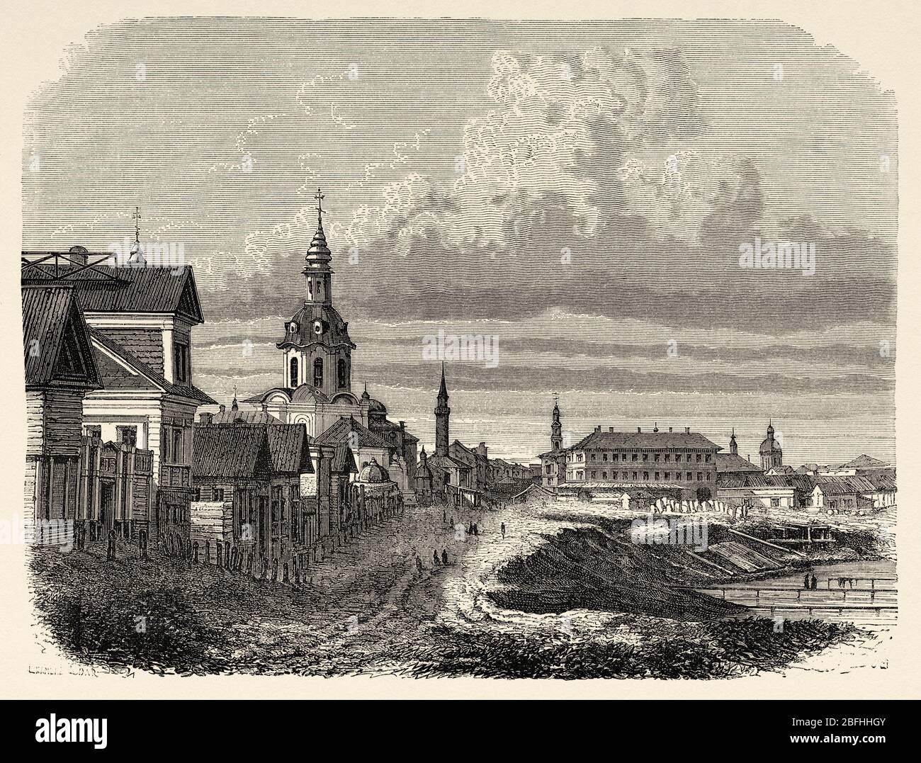 Panoramic view city of Kazan, capital and largest city of the Republic of Tatarstan, Russia. Old engraving illustration, Travel to Free Russia 1869 by Stock Photo