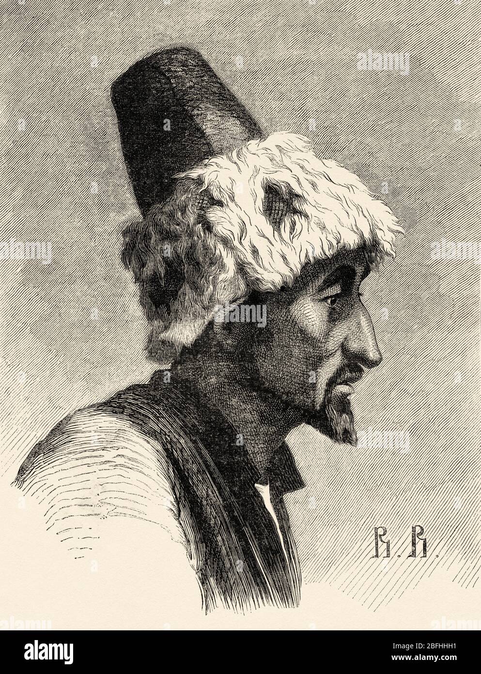 Portrait of a Nogais man. Turkic ethnic group who live in the Russian North Caucasus region, Russia. Old engraving illustration, Travel to Free Russia Stock Photo