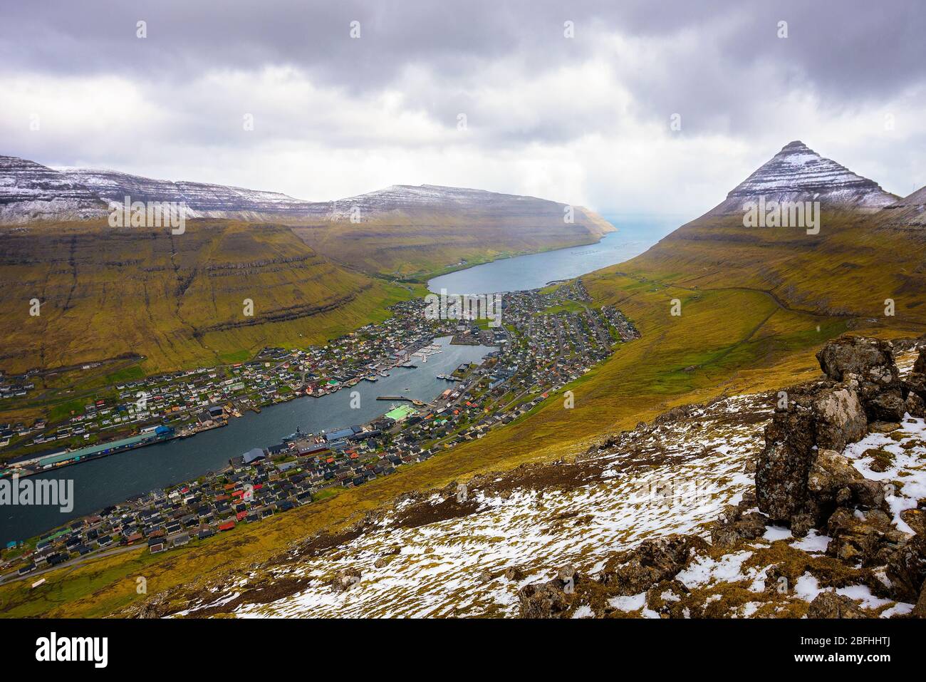 View from the Klakkur mountain over the city of Klaksvik on Faroe Islands Stock Photo
