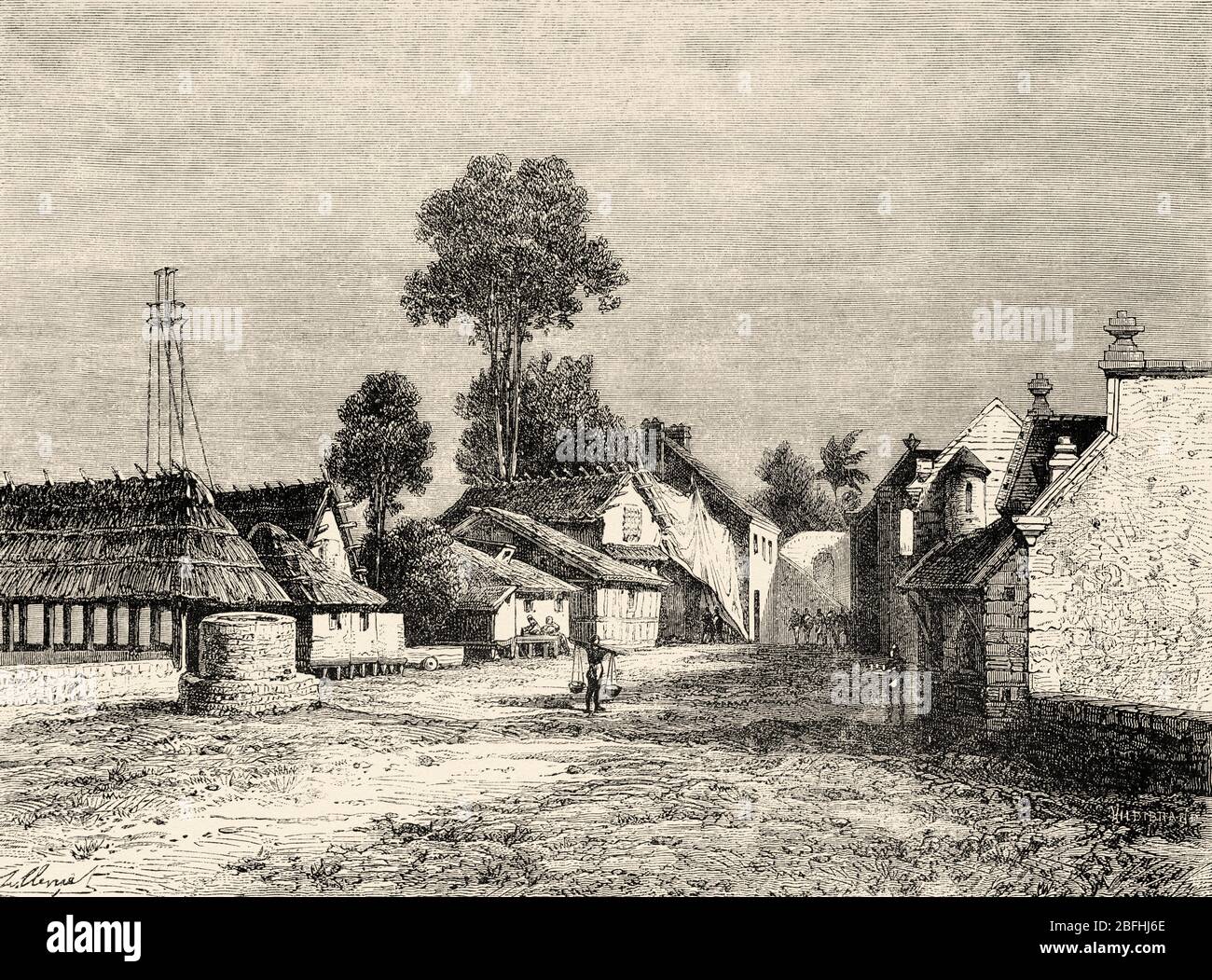 Makassar village, Sulawesi island. Celebes, Indonesia, Asia. Old engraving illustration, The Malay Archipelago by Alfred Russell Wallace Stock Photo