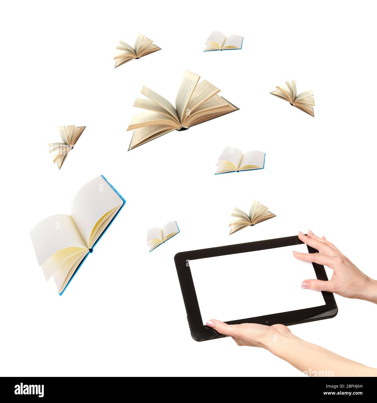 Tablet and opened books isolated on white Stock Photo