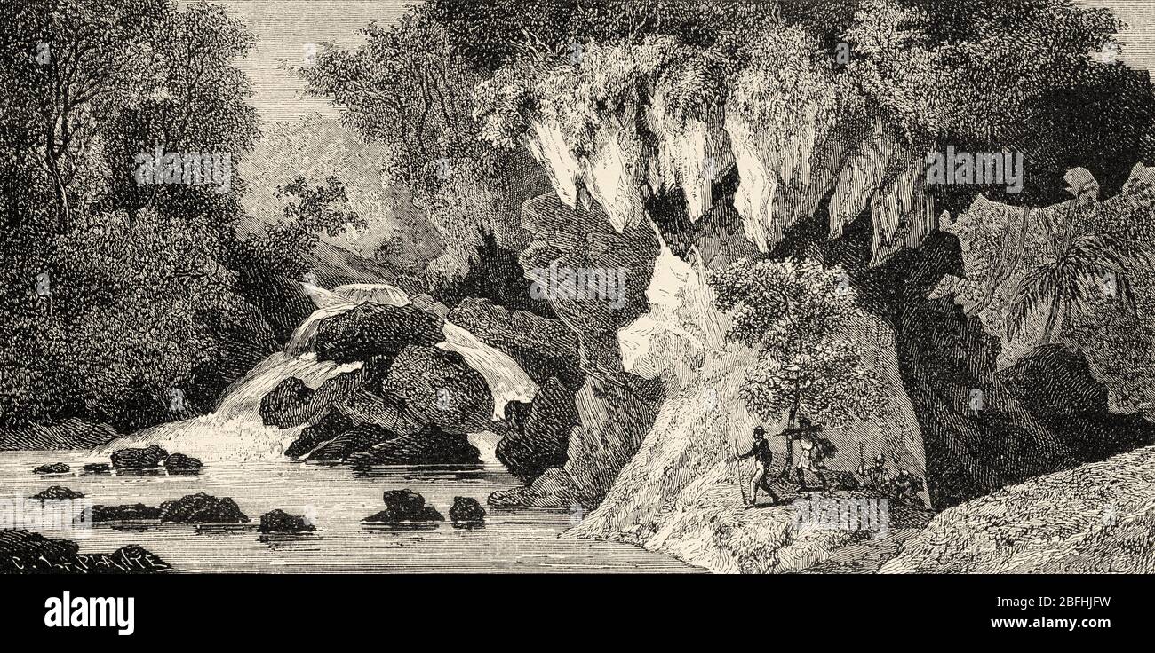 Ravines of Batu-Ganton. Moluccan archipelago, Maluku province, Indonesia, Asia. Old engraving illustration, The Malay Archipelago by Alfred Russell Wa Stock Photo
