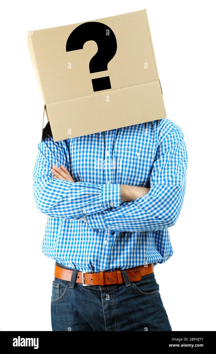 Man with cardboard box on his head isolated on white Stock Photo - Alamy