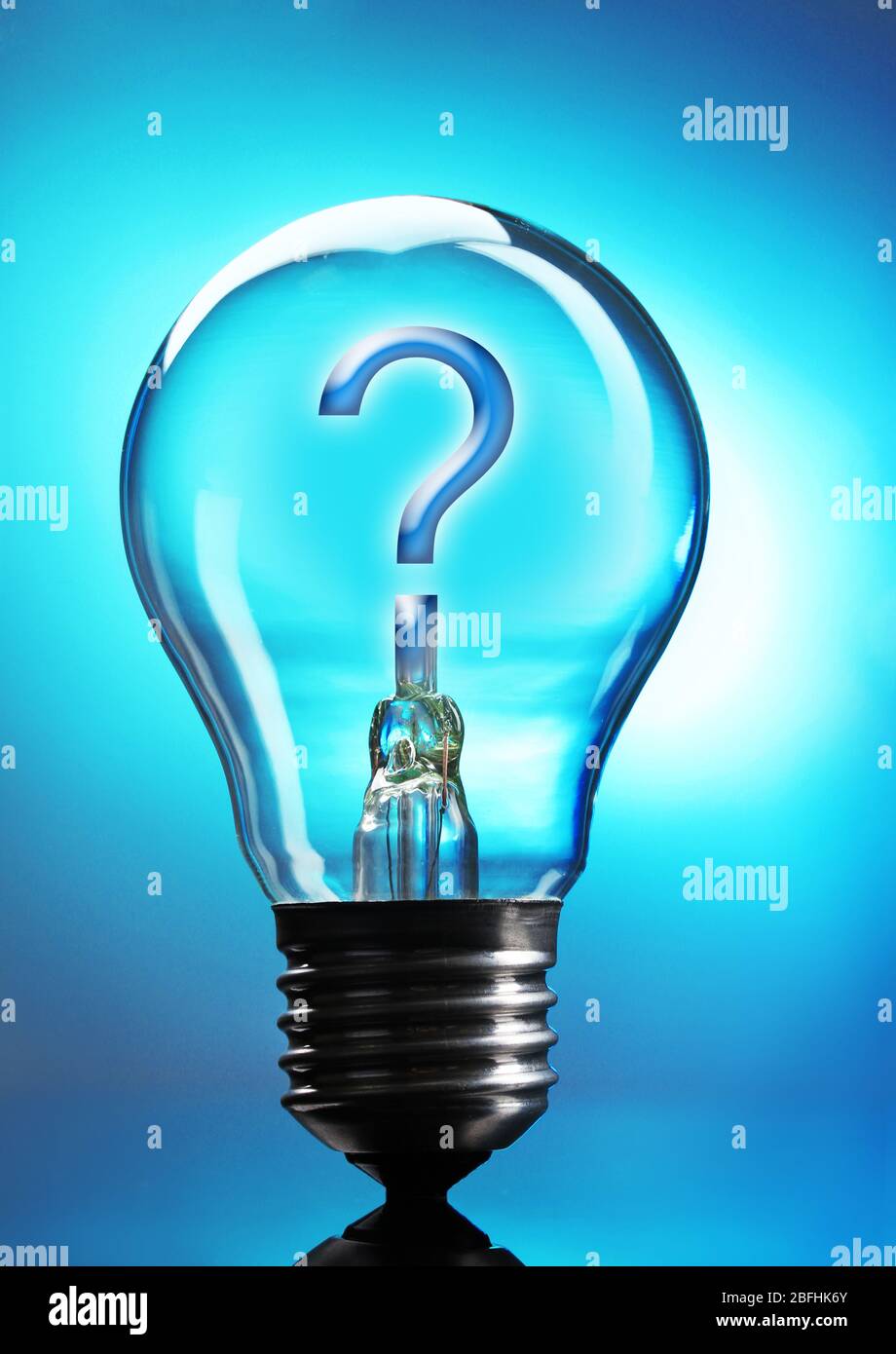 Question mark in lightbulb on blue background Stock Photo - Alamy, image size:920x1390