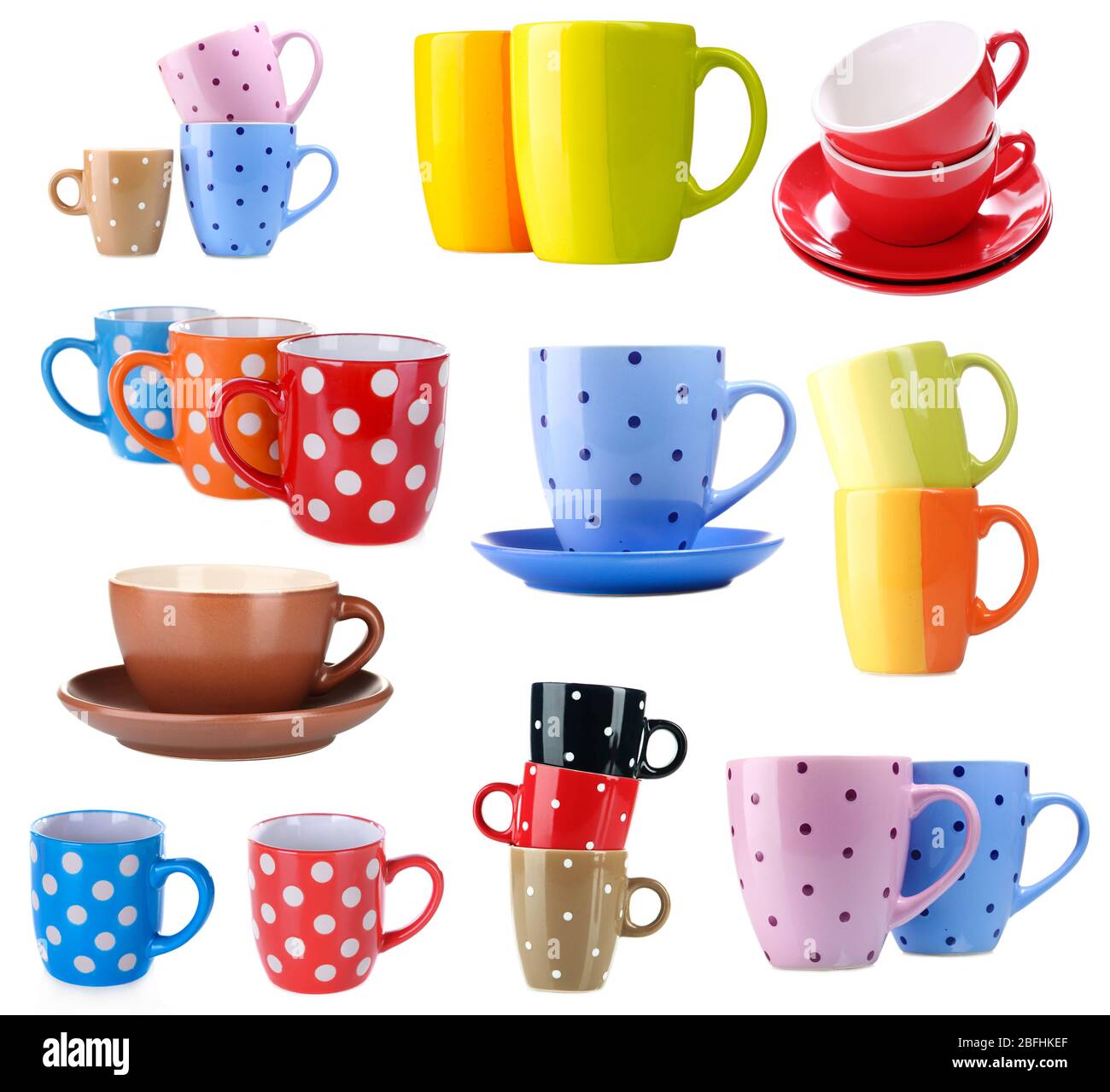 Collage of colorful cups isolated on white Stock Photo - Alamy