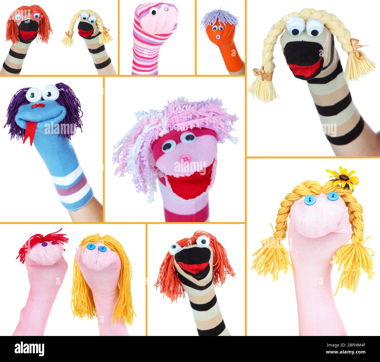Collage of different funny sock puppets Stock Photo
