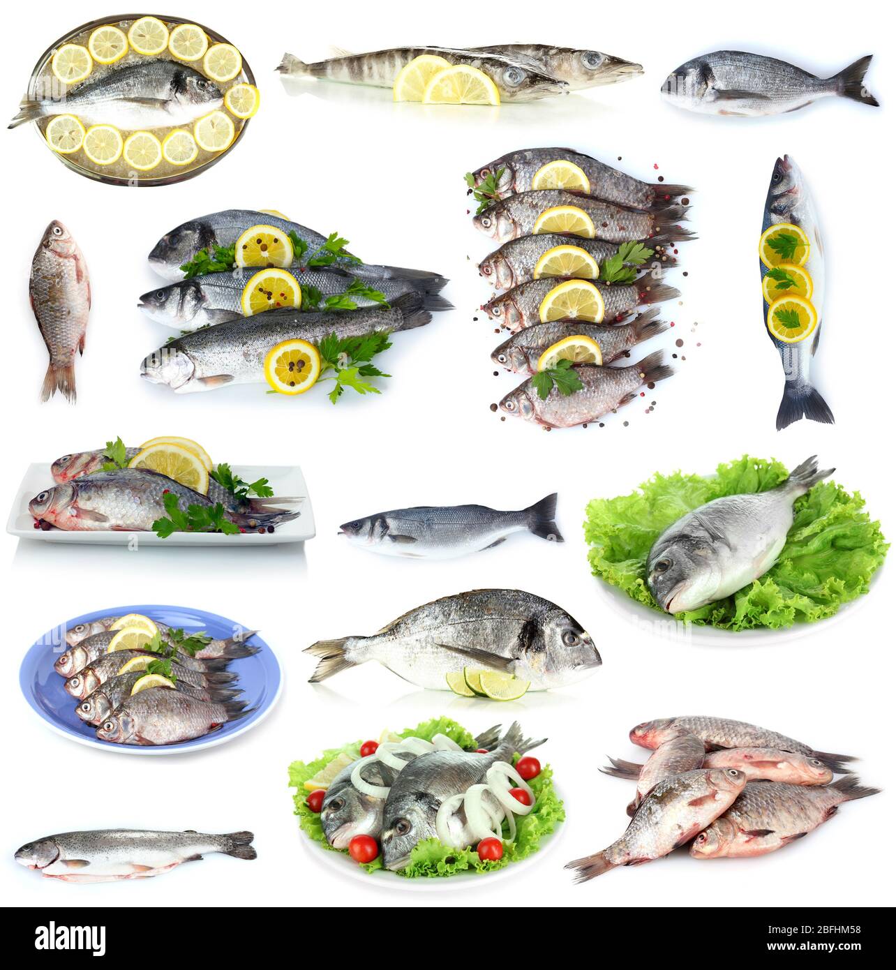Fresh fish and fish dishes isolated on white Stock Photo - Alamy