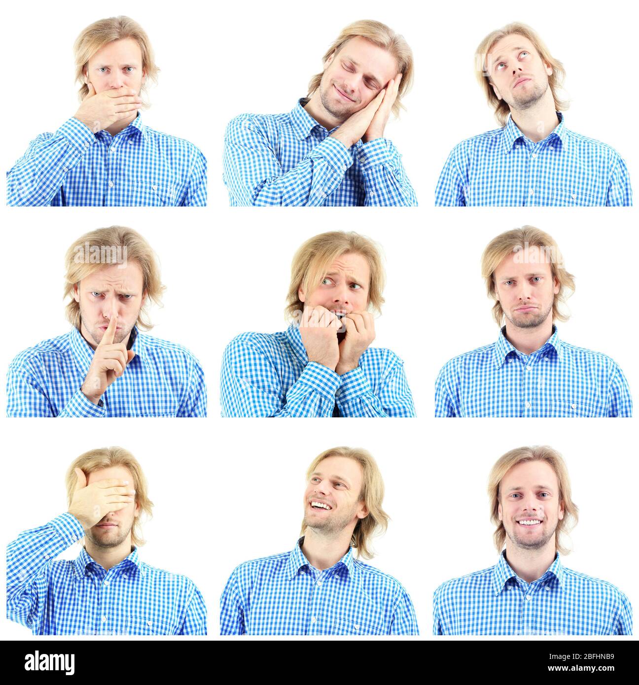 Collage of handsome emotional man isolated on white Stock Photo