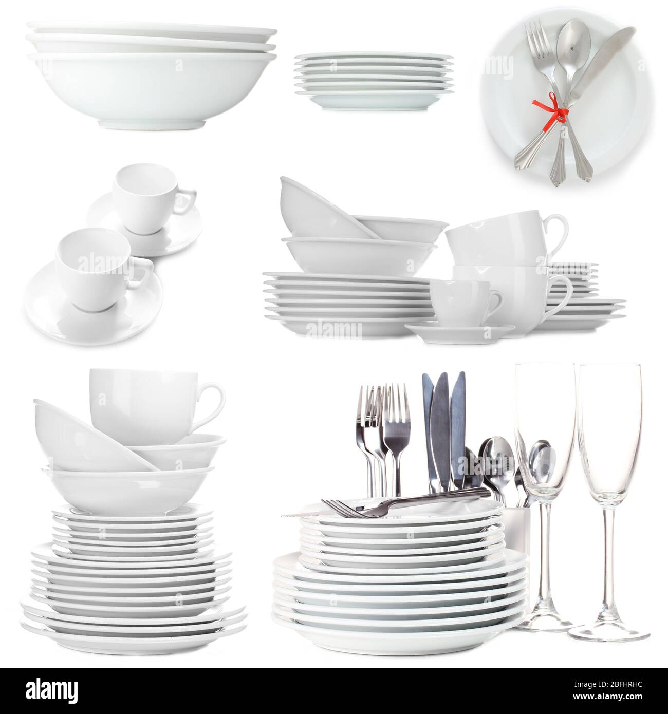Collage of white tableware isolated on white Stock Photo - Alamy