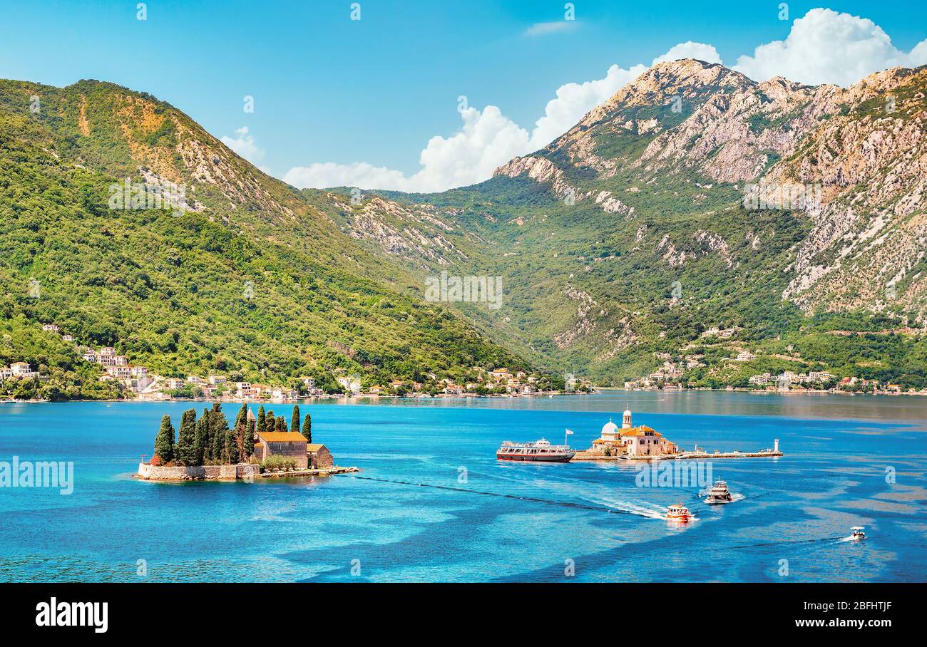 Beautiful mediterranean landscape. St. George Island near town Perast, Kotor bay, Montenegro Stock Photo