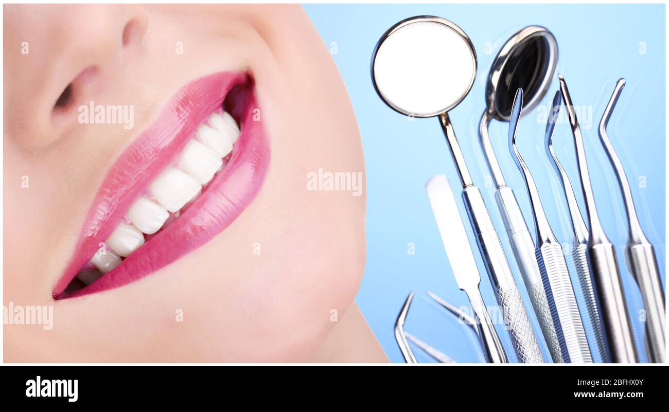 Teeth care concept. Healthy teeth and dental tools Stock Photo - Alamy