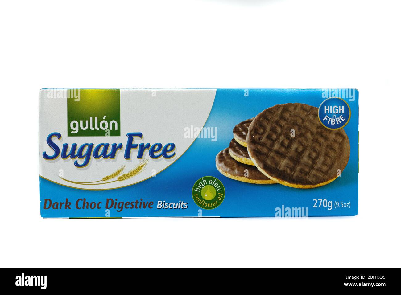 Irvine, Scotland, UK - April 18, 2020: gullon brand sugar free biscuits high in fibre and sunflower oil in recyclable packaging. Stock Photo