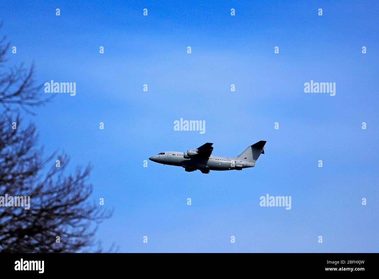 A Royal Air Force BAE146 Command Support Aircraft after take-off from Norwich International Airport, Norwich, Norfolk, England, UK, Europe. Stock Photo