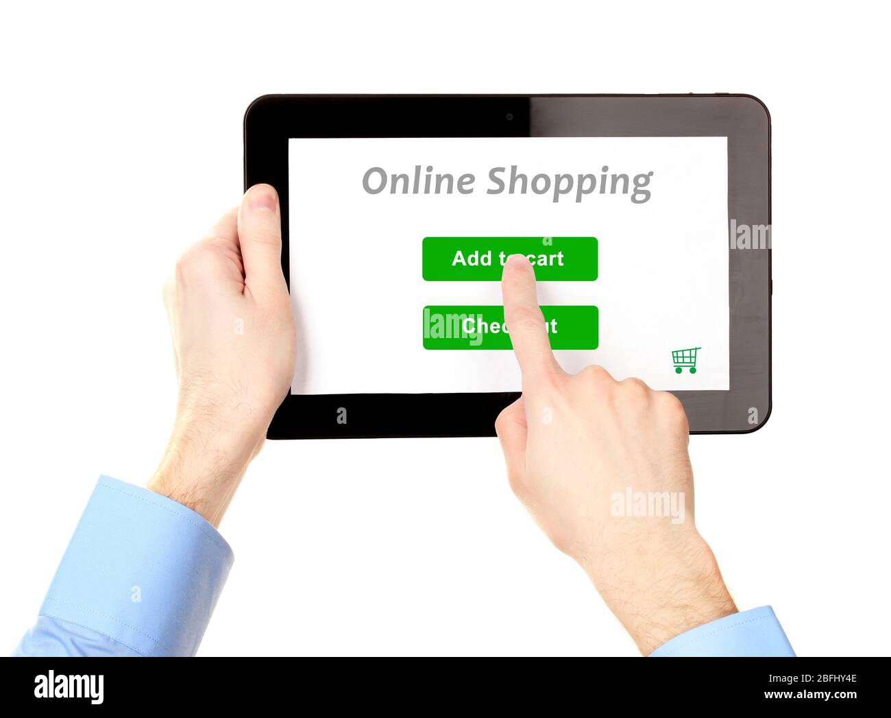 Concept for Internet shopping: hands holding tablet isolated on white Stock Photo