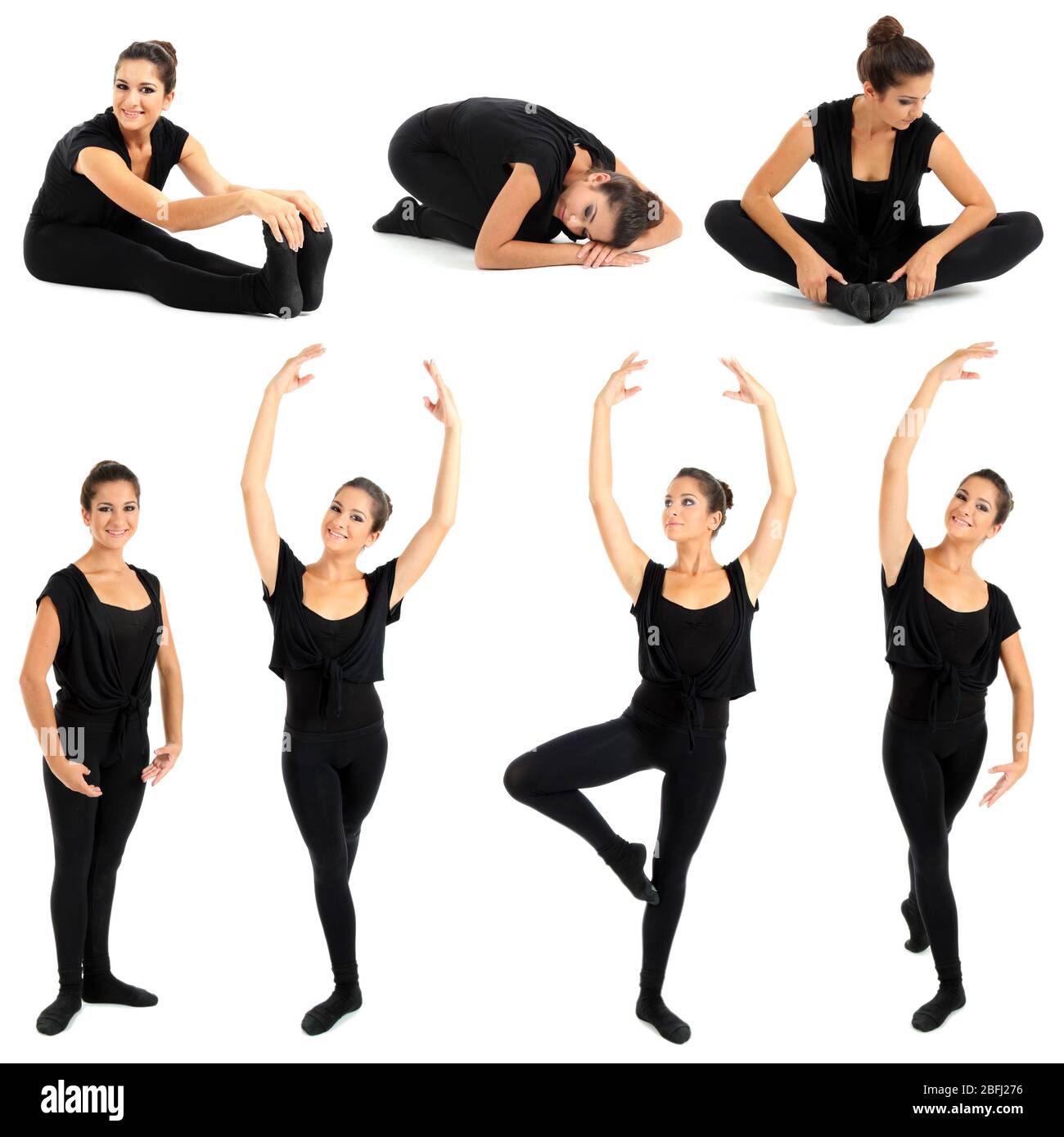 Young woman doing ballet stretching warm-up exercise, isolated on