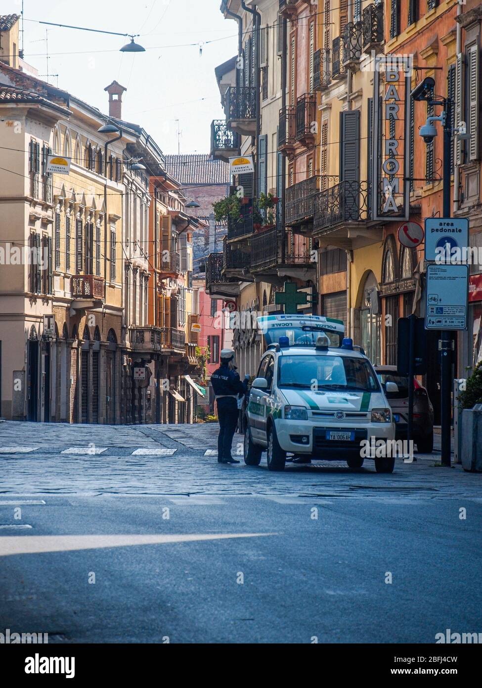 Cremona, Lombardy, Italy - April 19th 2020 -  local Police control , everyday life during covid-19 lockdown outbreak. Stock Photo