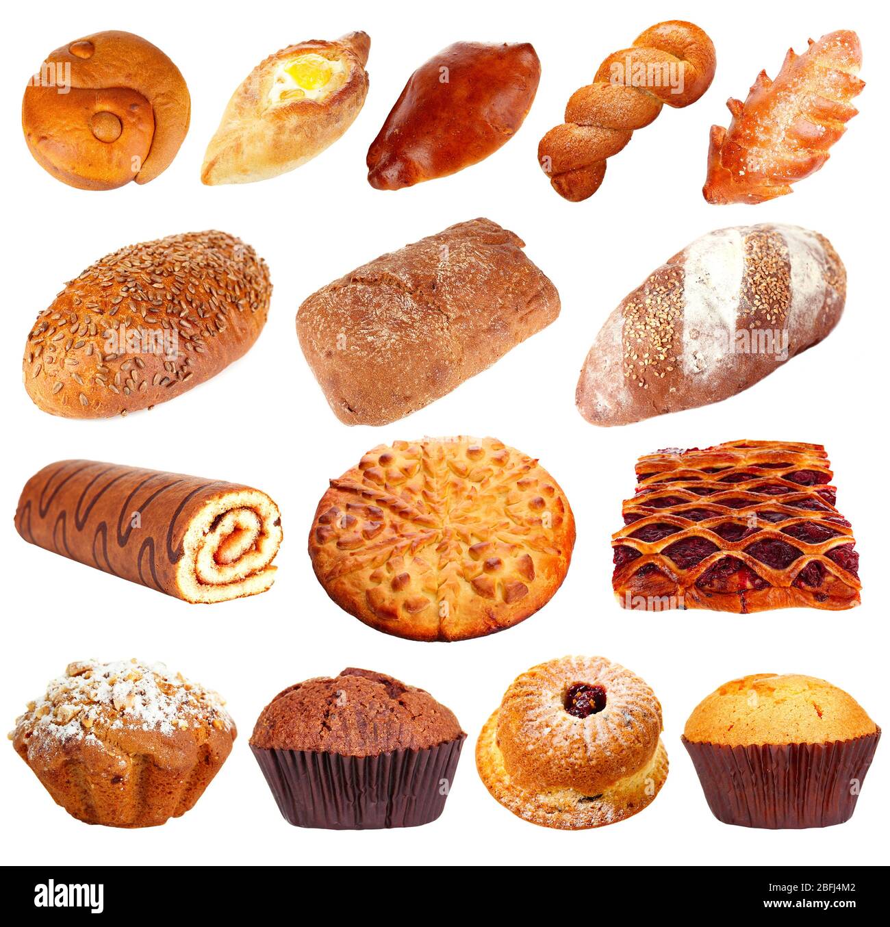 Collage of different pastries and bakery items, isolated on white Stock Photo