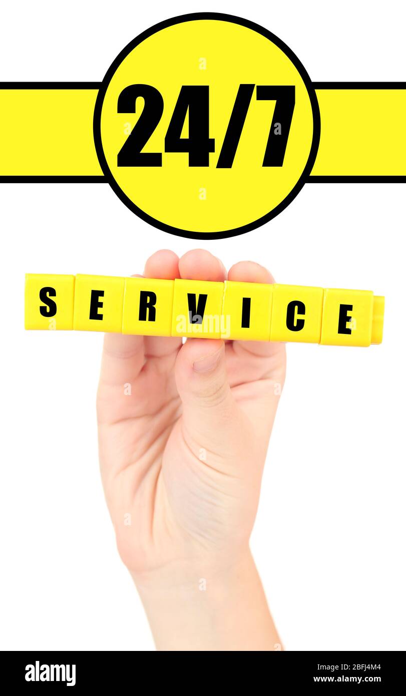 Word Service formed with yellow cubes in hand, Roundtheclock service