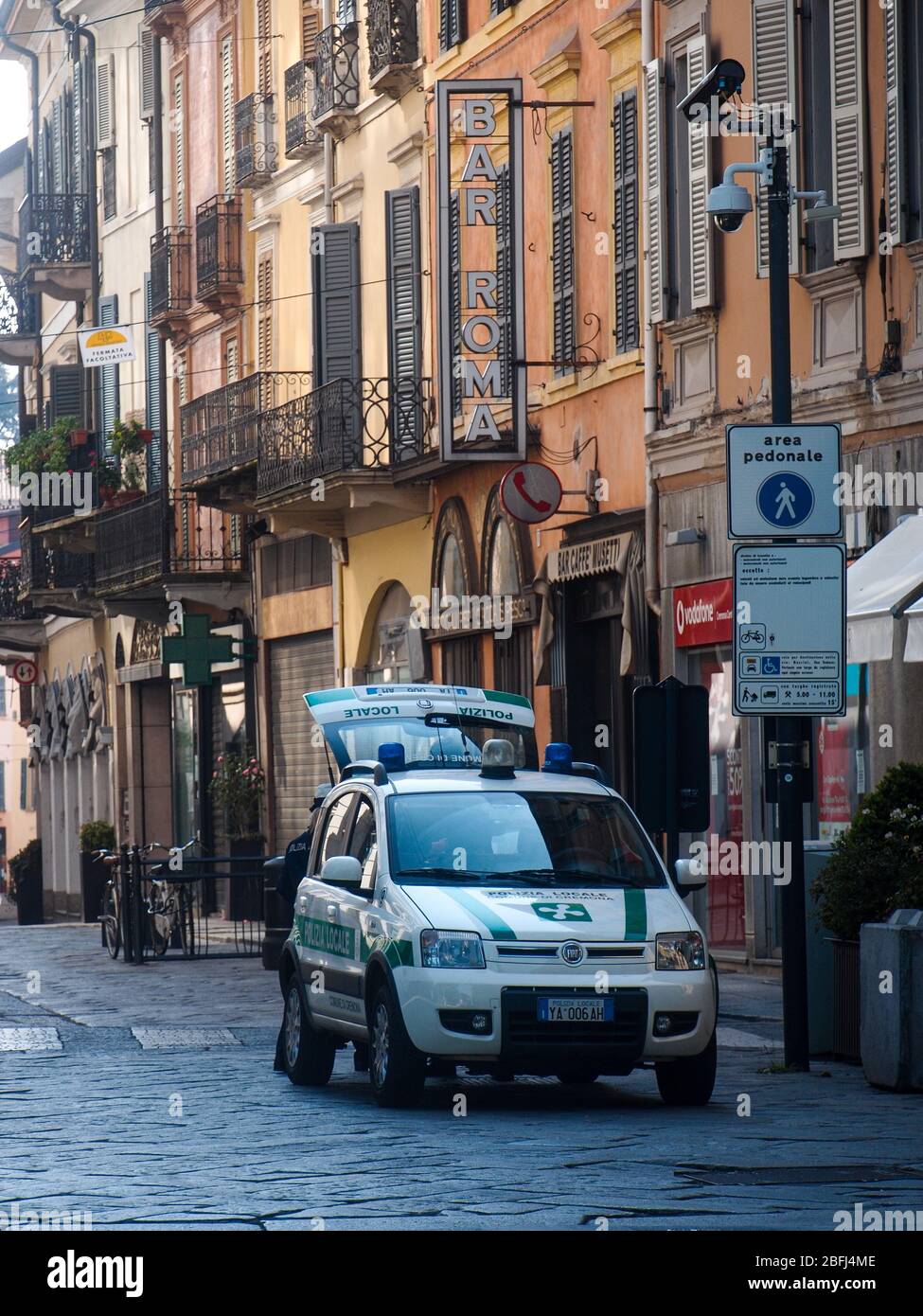 Cremona, Lombardy, Italy - April 19th 2020 -  local Police control , everyday life during covid-19 lockdown outbreak. Stock Photo