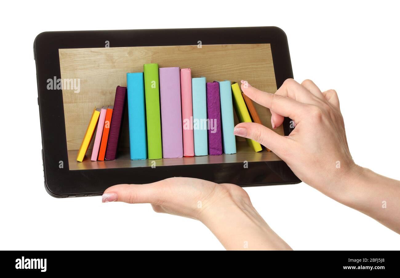 Elearning concept. Digital library books inside tablet isolated on