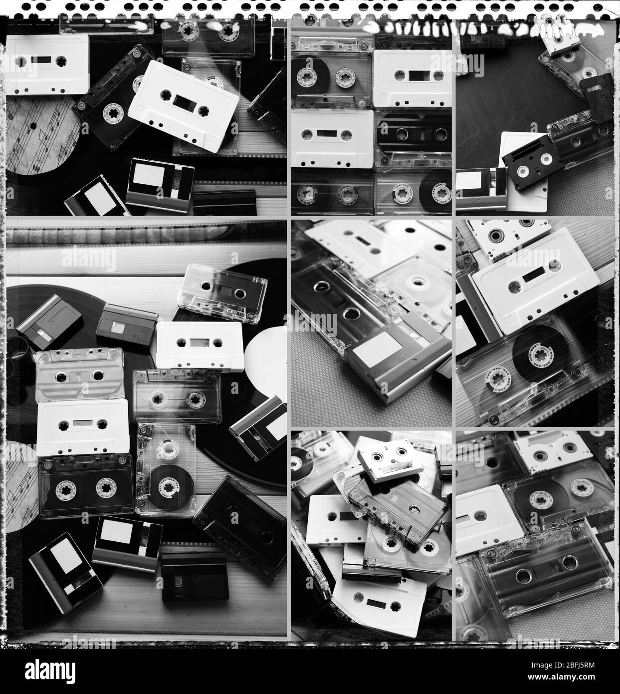 Collection of retro audio tapes and vinyl records in collage Stock Photo
