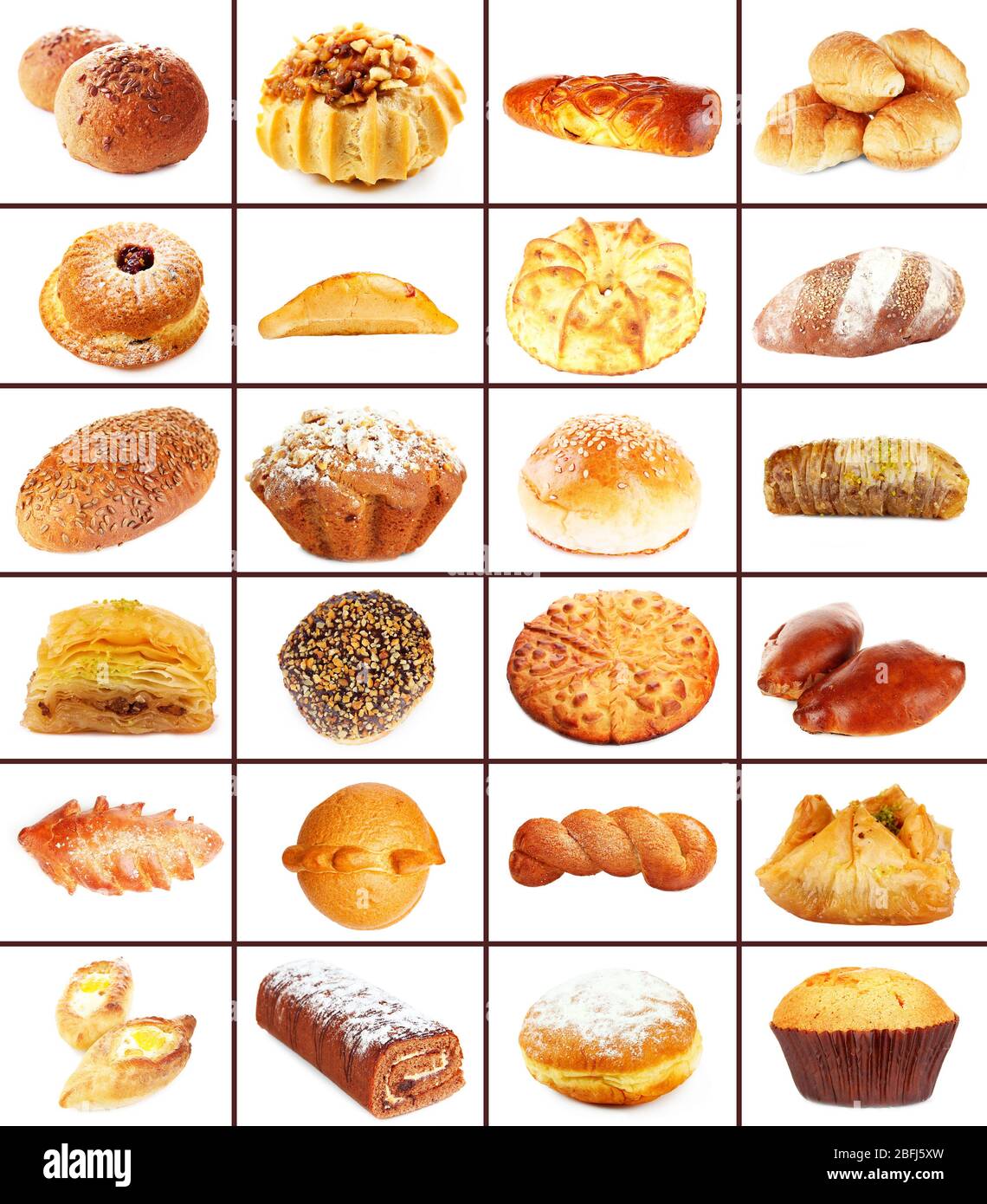 Collage of different pastries and bakery items, isolated on white Stock Photo