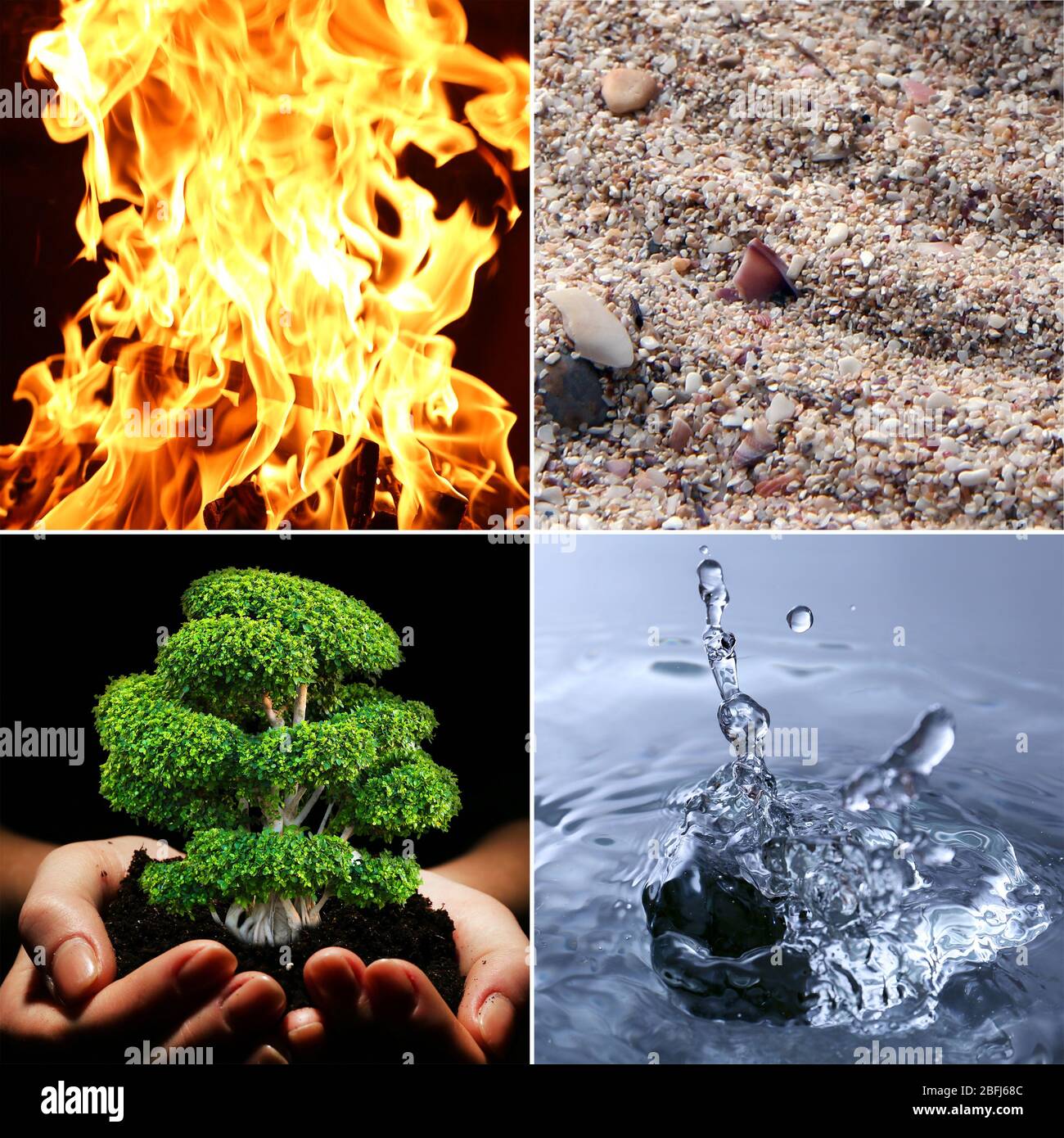 Collage of Feng Shui destructive cycle with five elements (water, wood, fire, earth, metal Stock