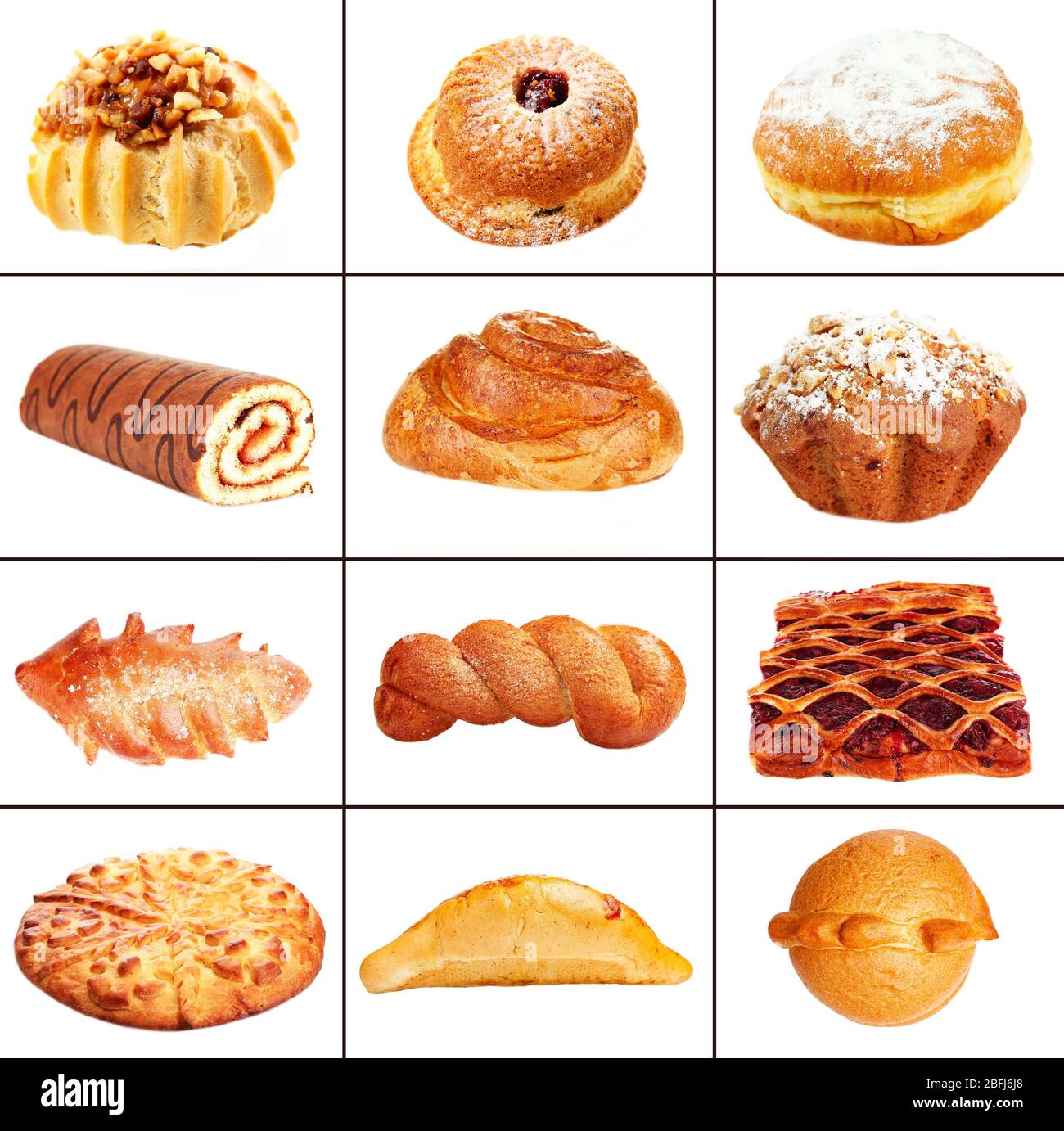 Collage of different pastries and bakery items, isolated on white Stock Photo