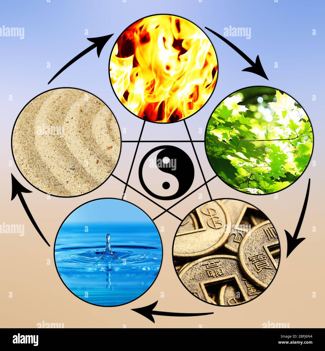 Collage of Feng Shui destructive cycle with five elements (water, wood