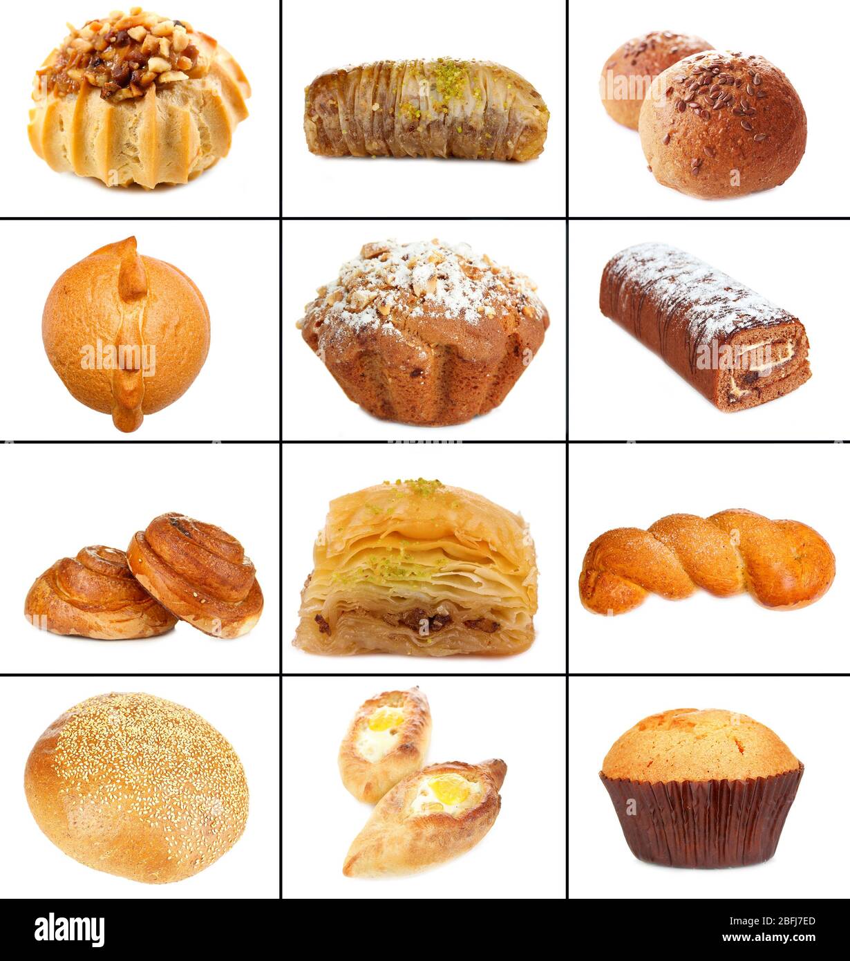 Collage of different pastries and bakery items, isolated on white Stock Photo