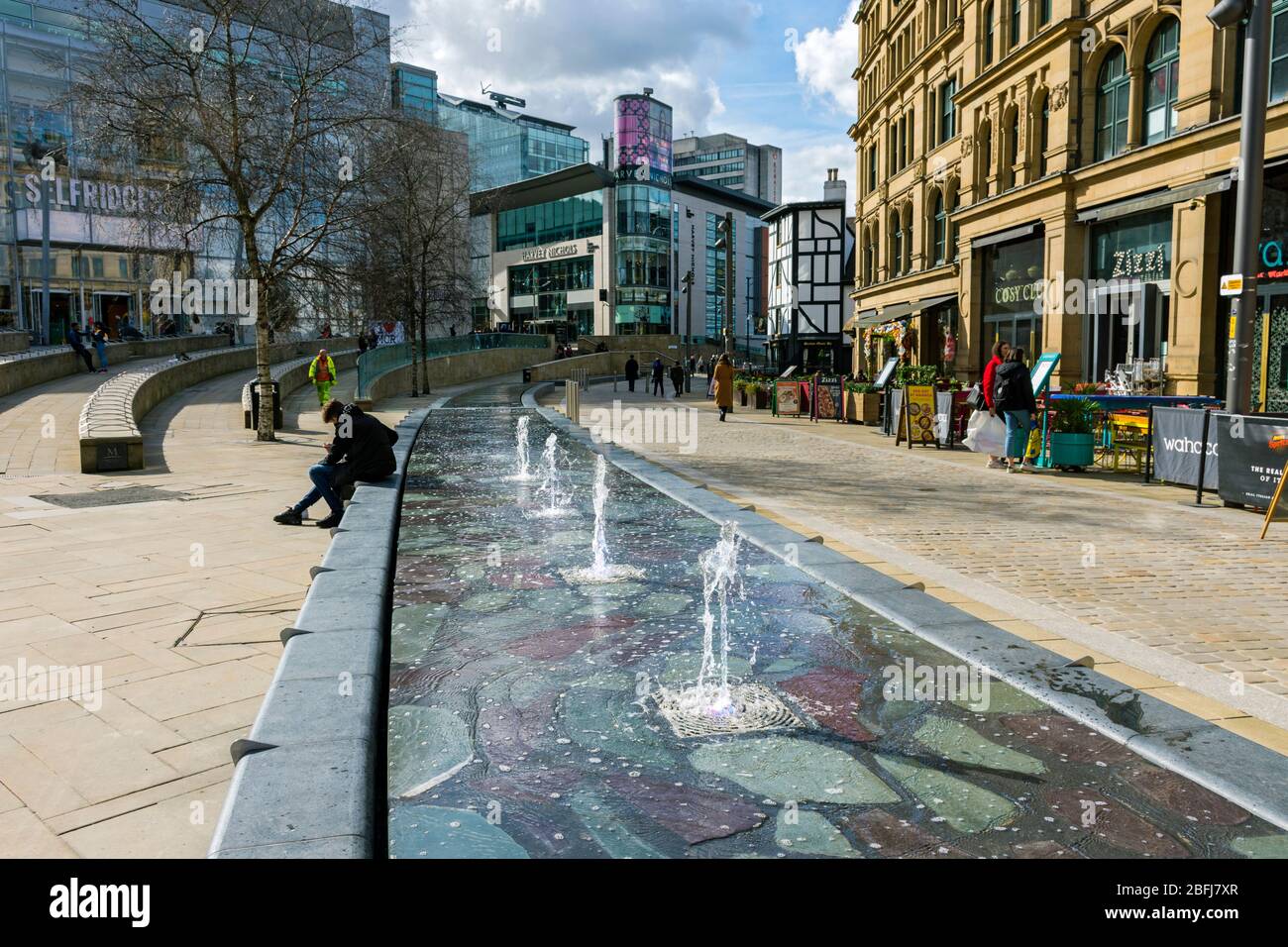 The newly refurbished (Spring 2020) fountains in Exchange Square, Manchester, England, UK Stock Photo