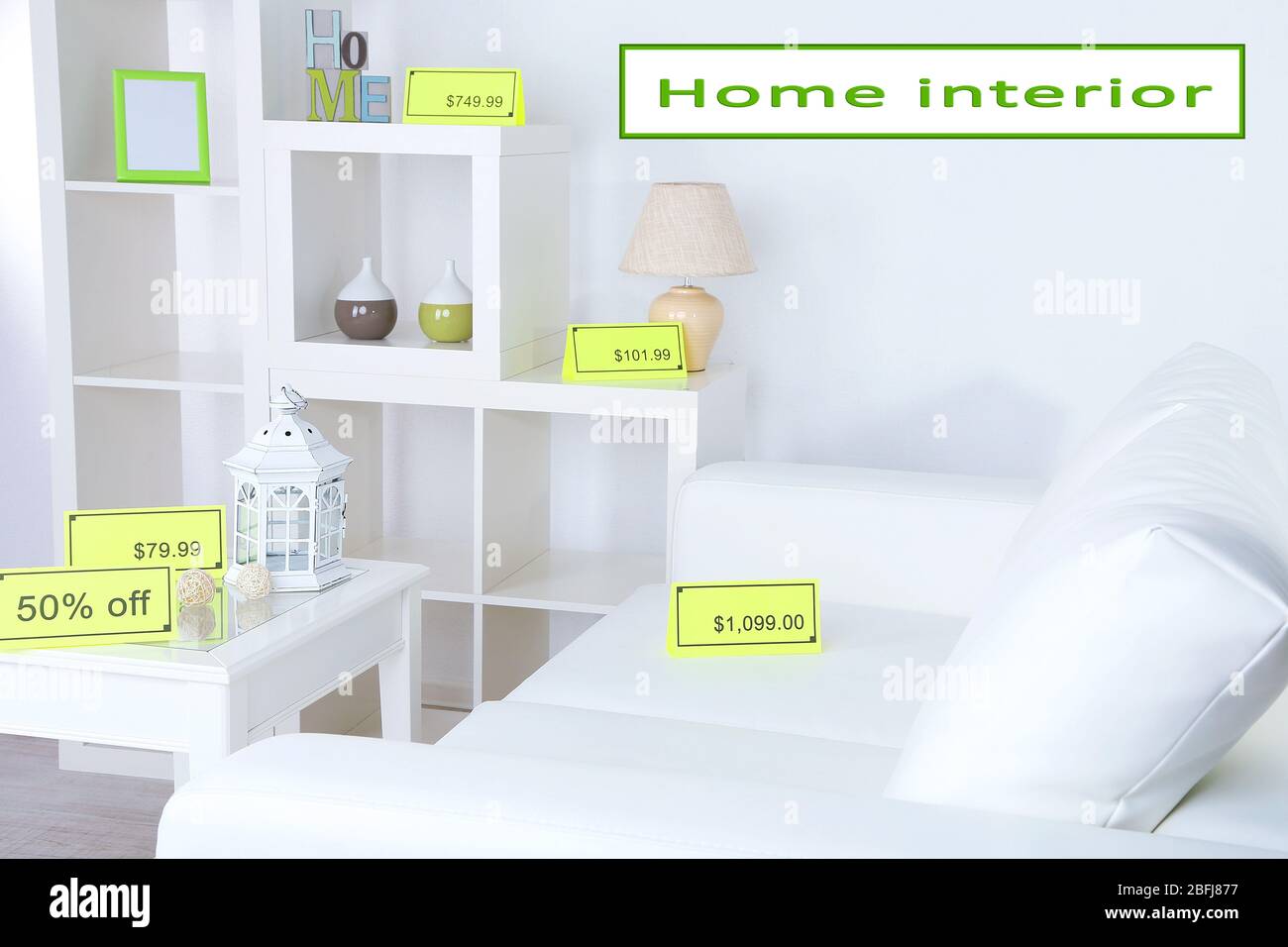 New white furniture with prices in showroom Stock Photo Alamy