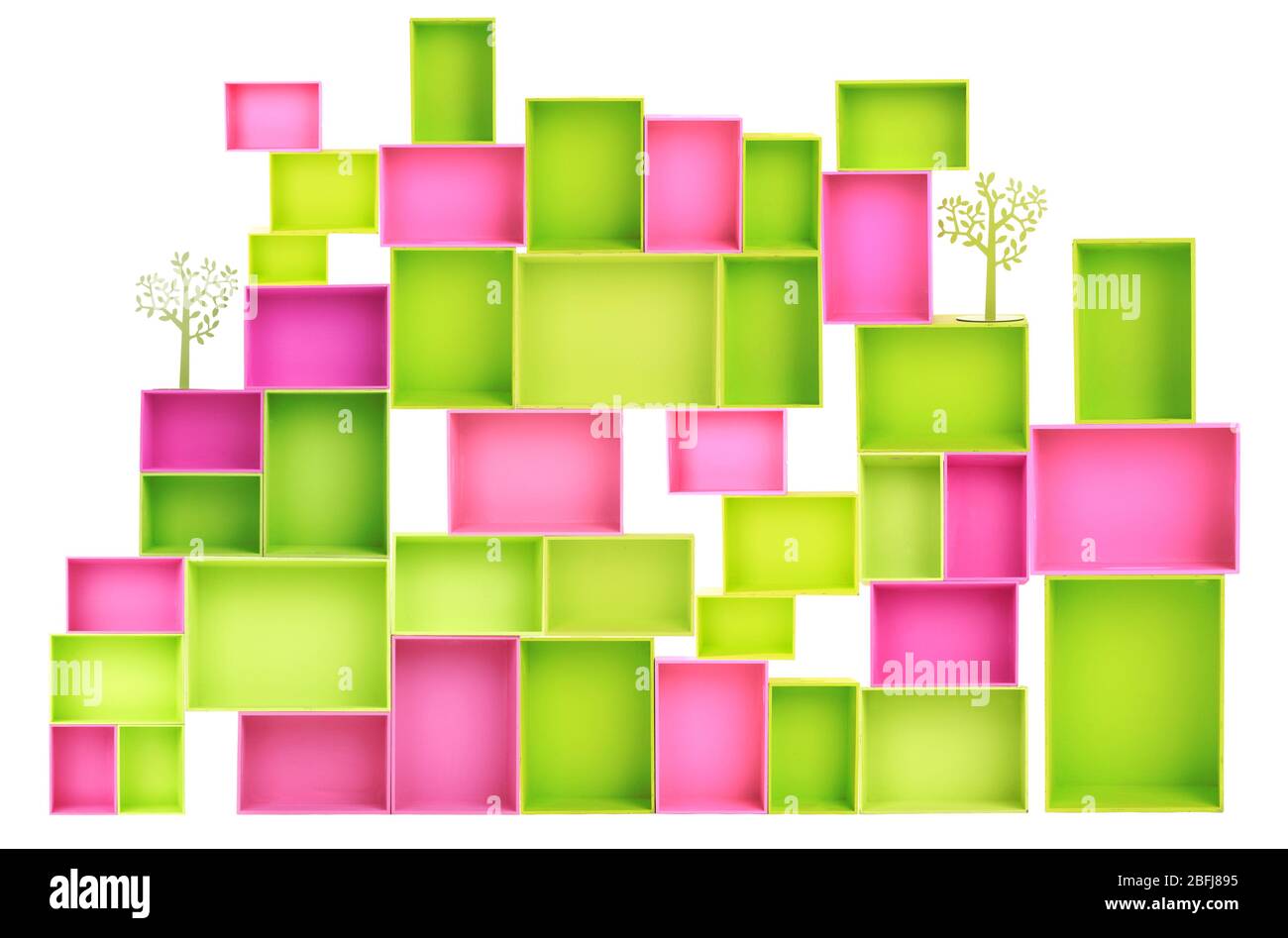Multicoloured wooden boxes and decorative metal trees isolated on white ...