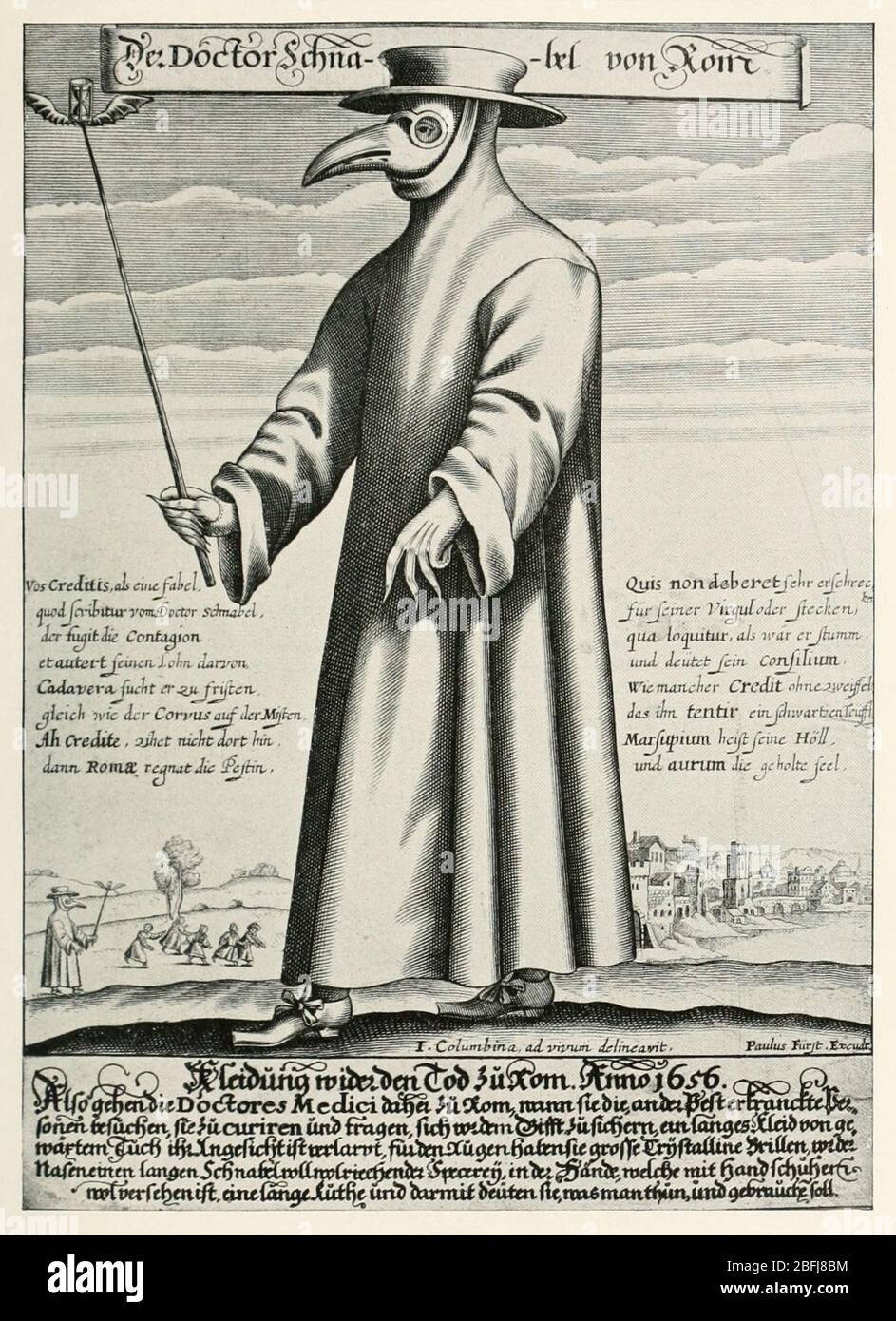Beautiful vintage hand drawn illustrations of medieval physician (doctor) during plague epidemic in Europe from old book. Stock Photo
