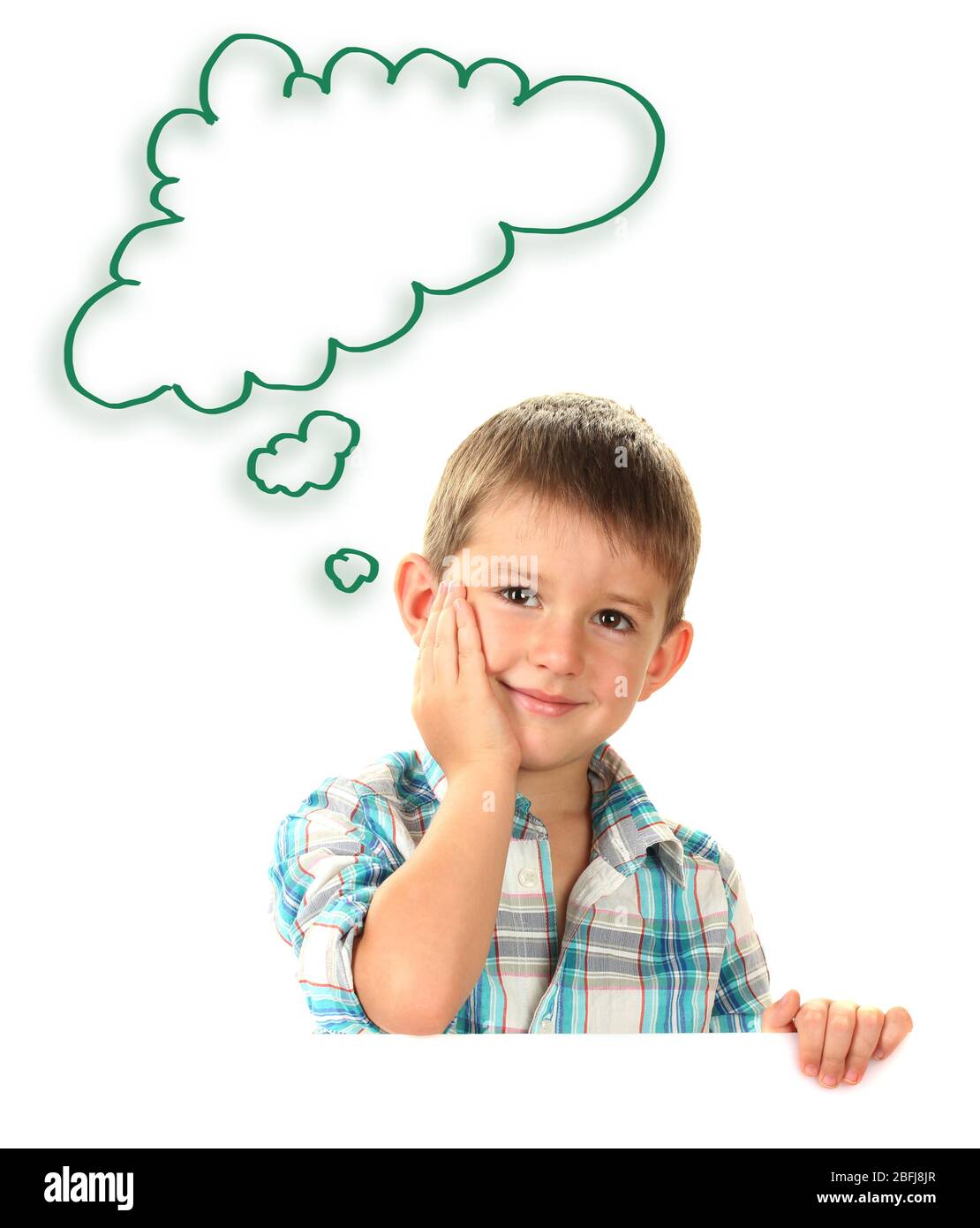 Cute little boy dreaming about something isolated on white, text cloud
