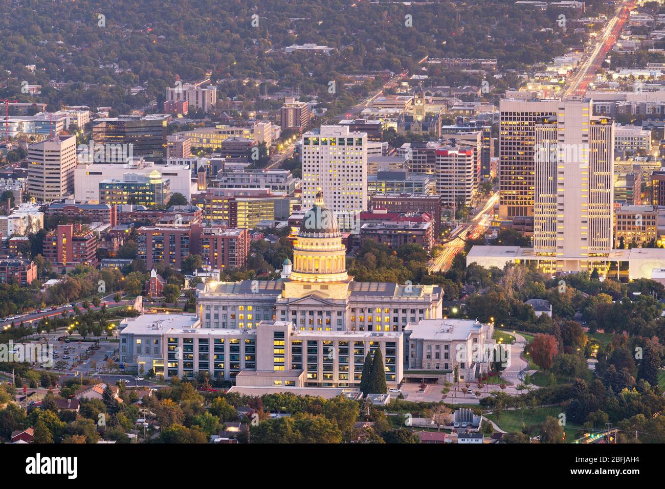 Salt Lake City, Utah, USA downtown city skyline at dusk. Stock Photo