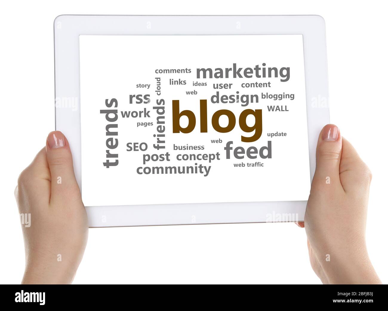 Word cloud in tablet. Blog concept Stock Photo