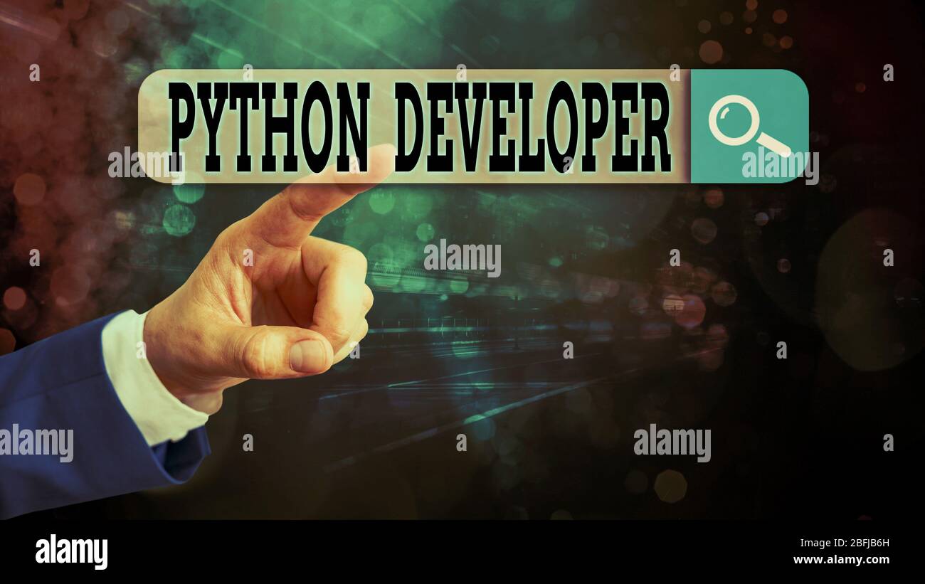 Text sign showing Python Developer. Business photo showcasing responsible for writing serverside web application logic Stock Photo