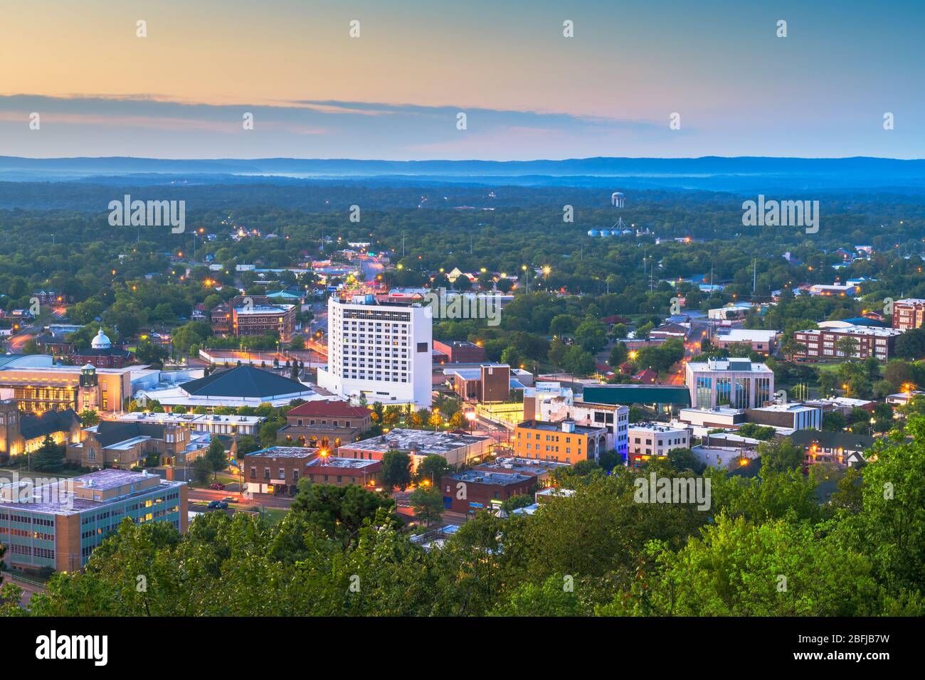 Hot Springs, Arkansas, USA town skyline from above at dawn. Stock Photo