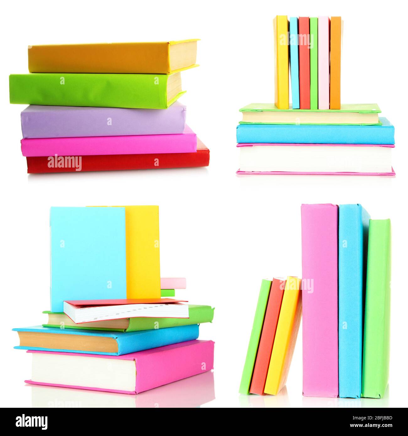 Different compositions with colorful books isolated on white in collage ...