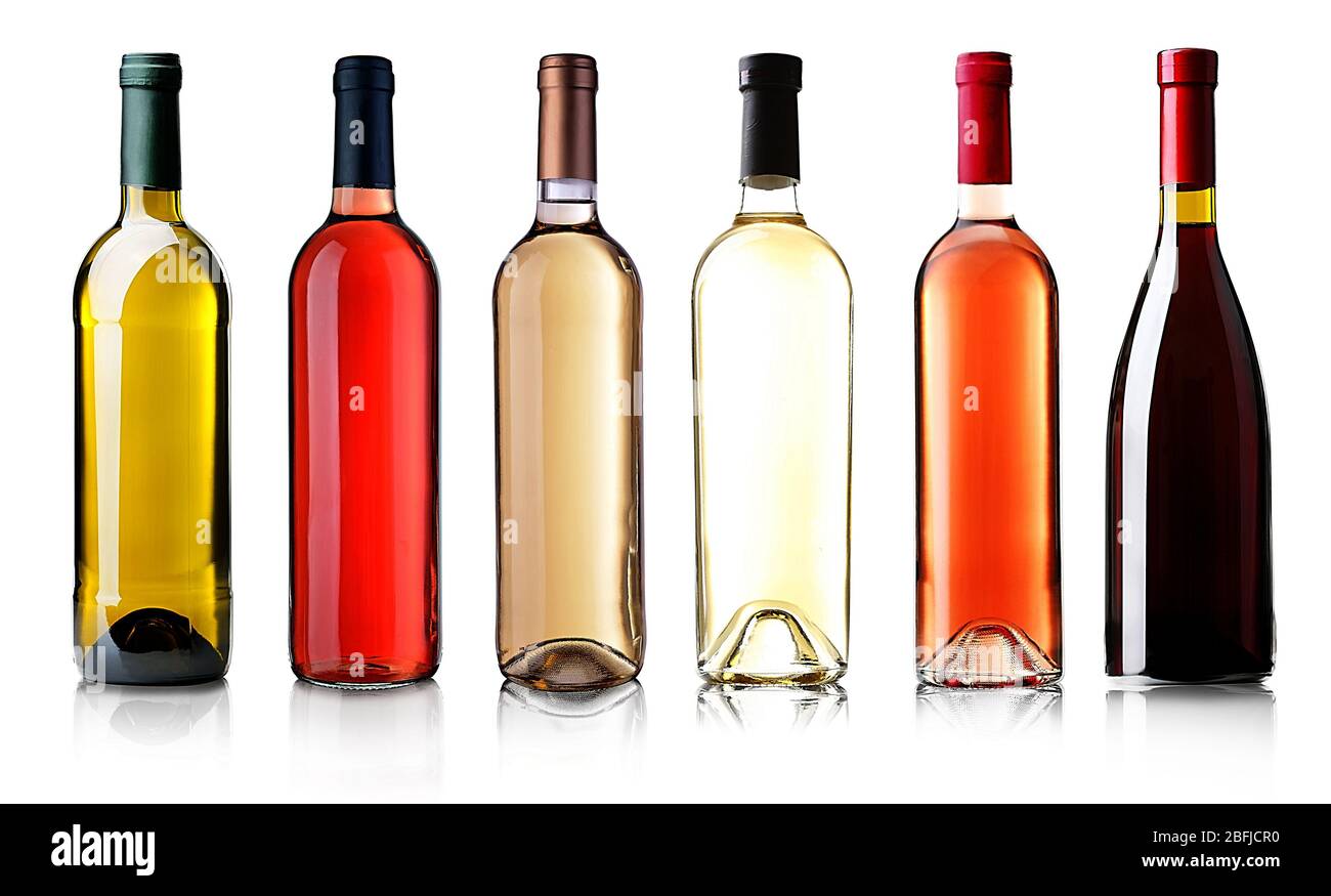 Wine bottles in row isolated on white Stock Photo Alamy