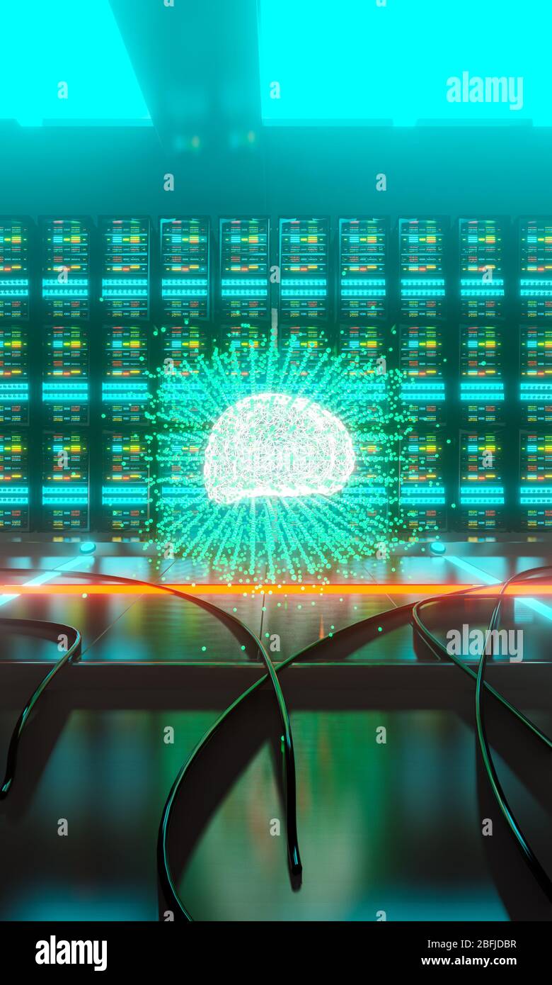 Big data an AI learning concept in server center. 3D render Stock Photo ...